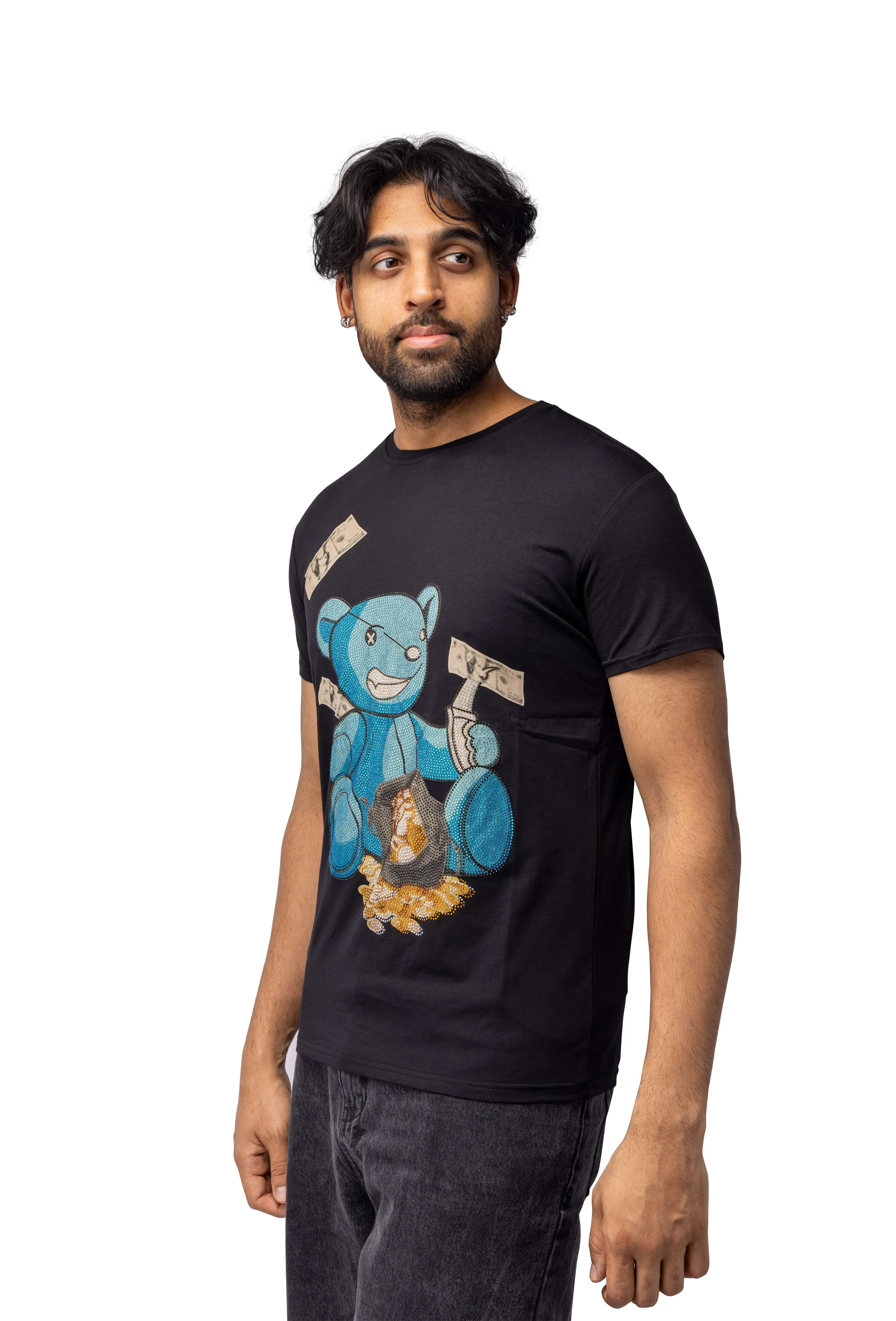 Heads or Tails Men's Slim Fit Crewneck Rhinestone Studded Graphic Printed T-Shirt Stone Tee Blue Bear With Money