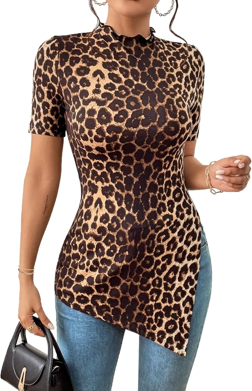 Hilinker Women's Leopard Print Split Hem Tops Summer Mock Neck Short Sleeve Shirts