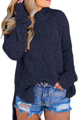 Imily Bela Womens Fuzzy Knitted Sweater Sherpa Fleece Side Slit Full Sleeve Jumper Outwears