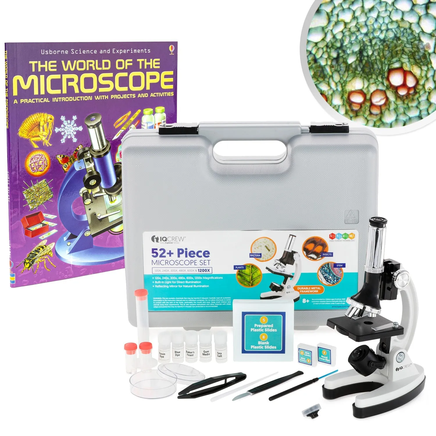 IQCrew By AmScope 1200X Magnification 52-pcs Kids Beginner Compound Microscope Kit with Slides, LED Light, Storage Box and Book "The World of the Microscope"