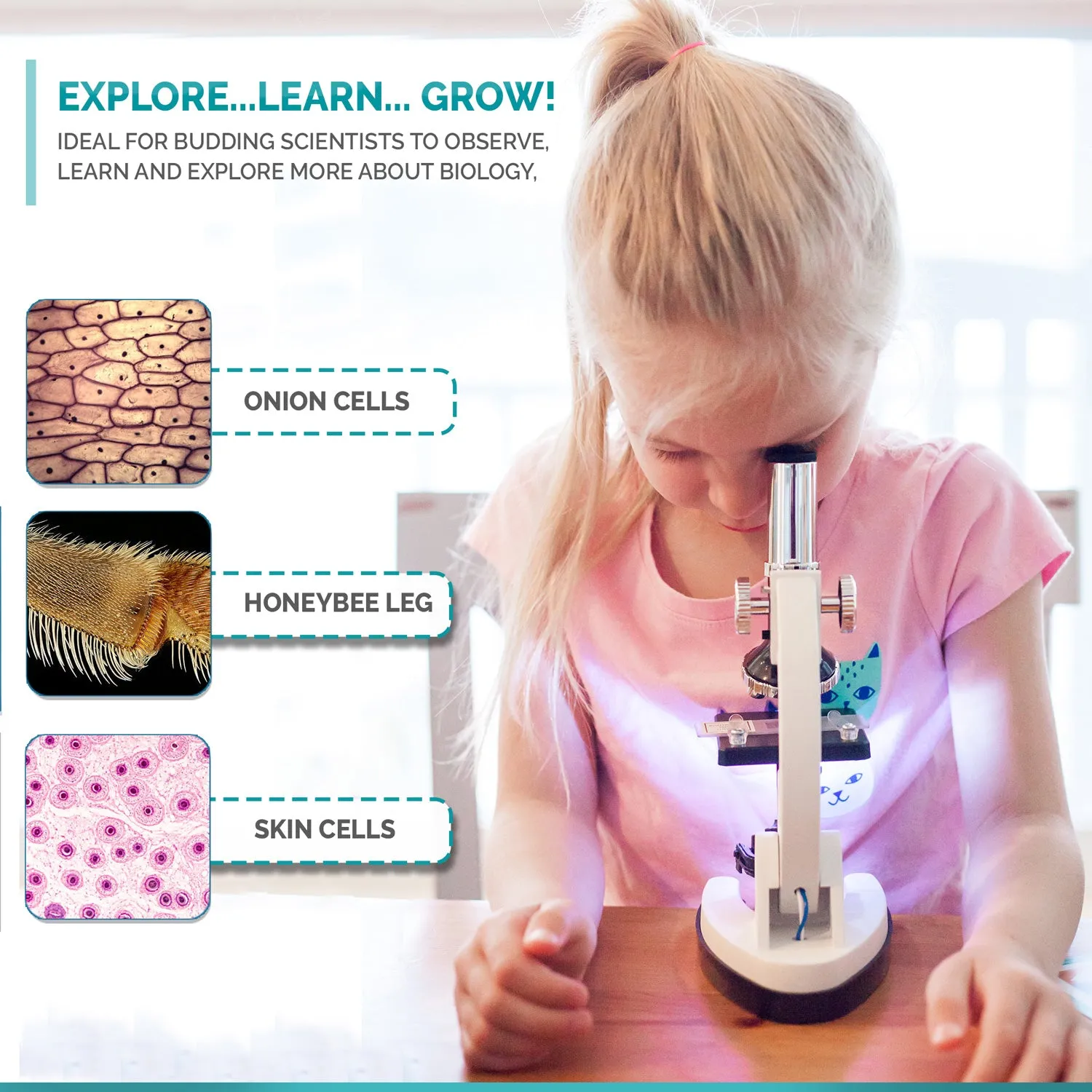 IQCrew By AmScope 1200X Magnification 52-pcs Kids Beginner Compound Microscope Kit with Slides, LED Light, Storage Box and Book "The World of the Microscope"