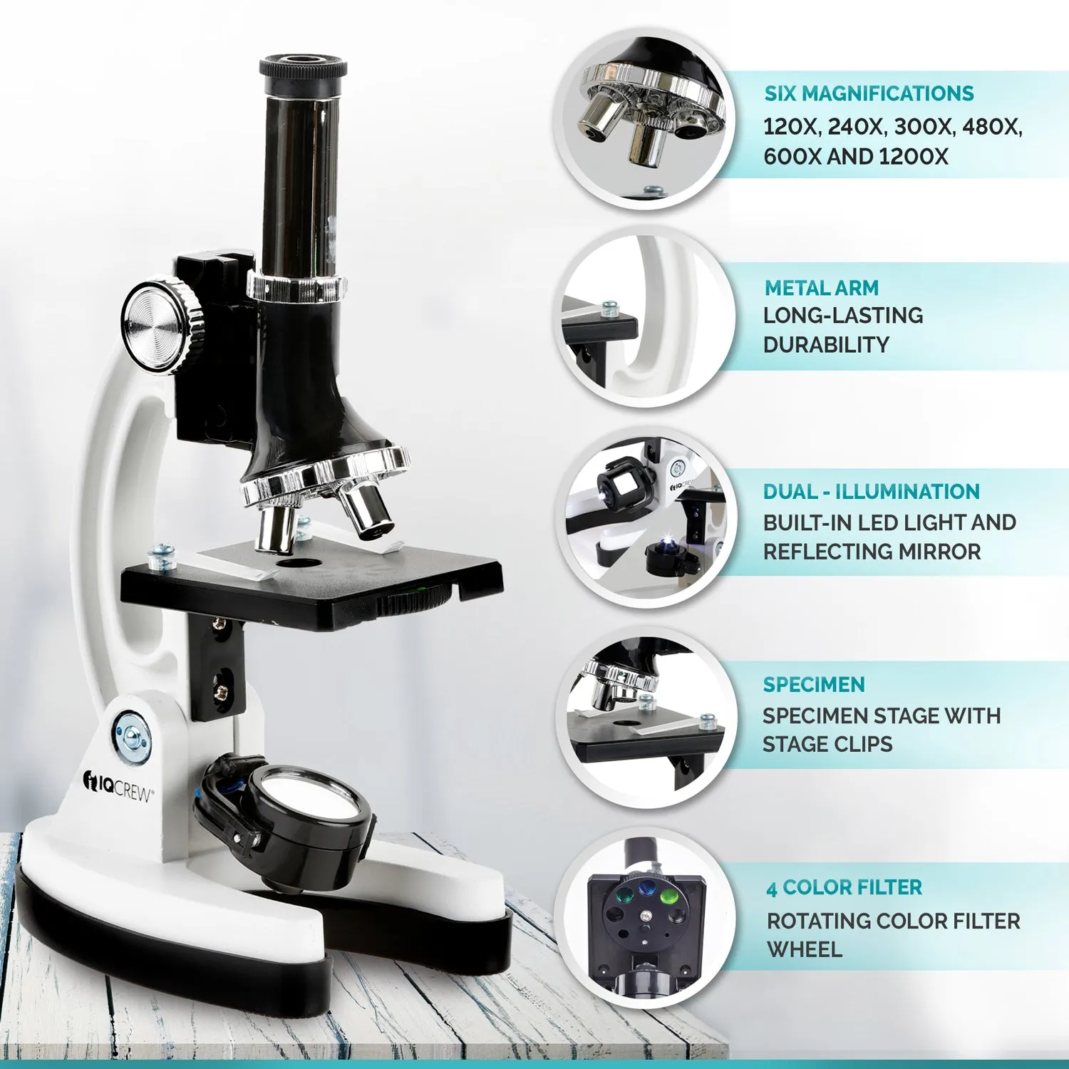 IQCrew By AmScope 1200X Magnification 52-pcs Kids Beginner Compound Microscope Kit with Slides, LED Light, Storage Box and Book "The World of the Microscope"