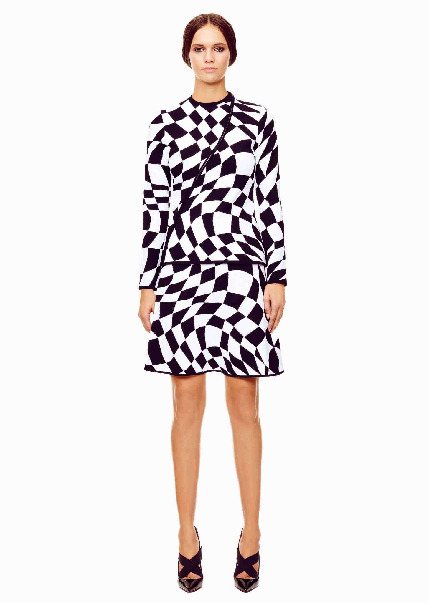 Jeannine - Knit, Black and White Wavy Checkered Flag Mini Skirt