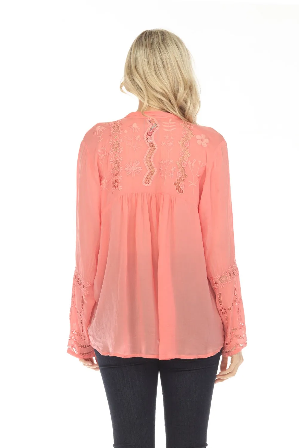 Johnny Was Pink Irini Embroidered Button-Down Blouse Boho Chic C13423