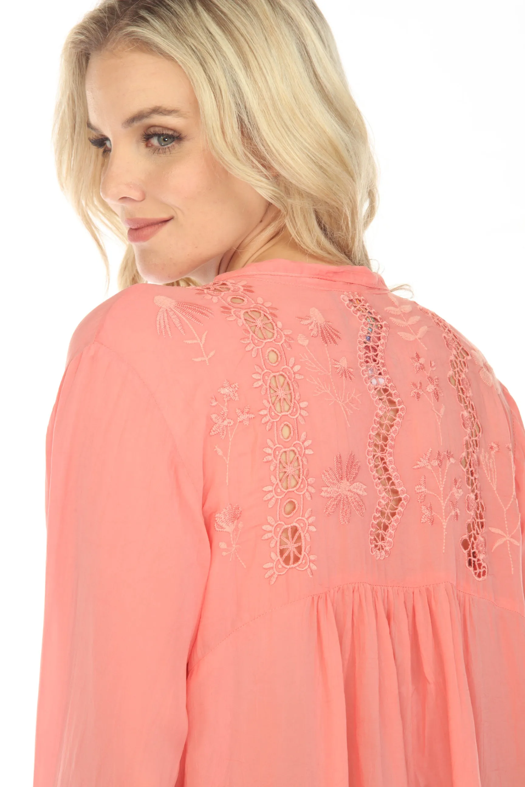 Johnny Was Pink Irini Embroidered Button-Down Blouse Boho Chic C13423