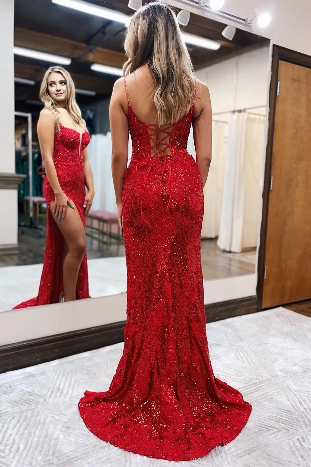 kamahe Red Spaghetti Straps Appliques Prom Dress with Slit Formal Evening Dresses