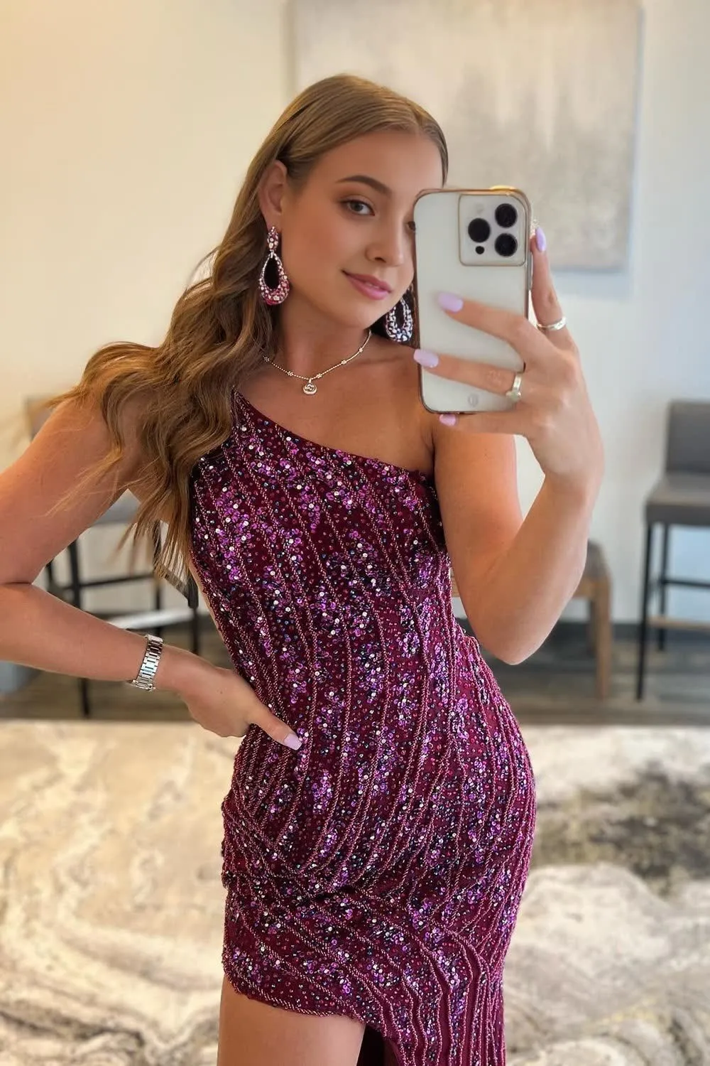 kamahe Sparkly Dark Purple Sequins Long Prom Dress with Slit Formal Evening Dresses