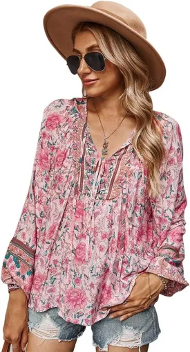 KAYWIDE Women's Casual Boho V Neck Top Loose Floral Printed Long Sleeve Beach Shirts Blouses