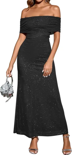 KUTUMAI Women Off Shoulder Bodycon Maxi Long Dress Mesh Ruched Elegant Formal Wedding Guest Dresses