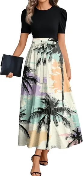Long Floral Dresses for Women Elegant Boho Tie Belted Patchwork Empire Waist Short Sleeve Modest Flowy Maxi Dress