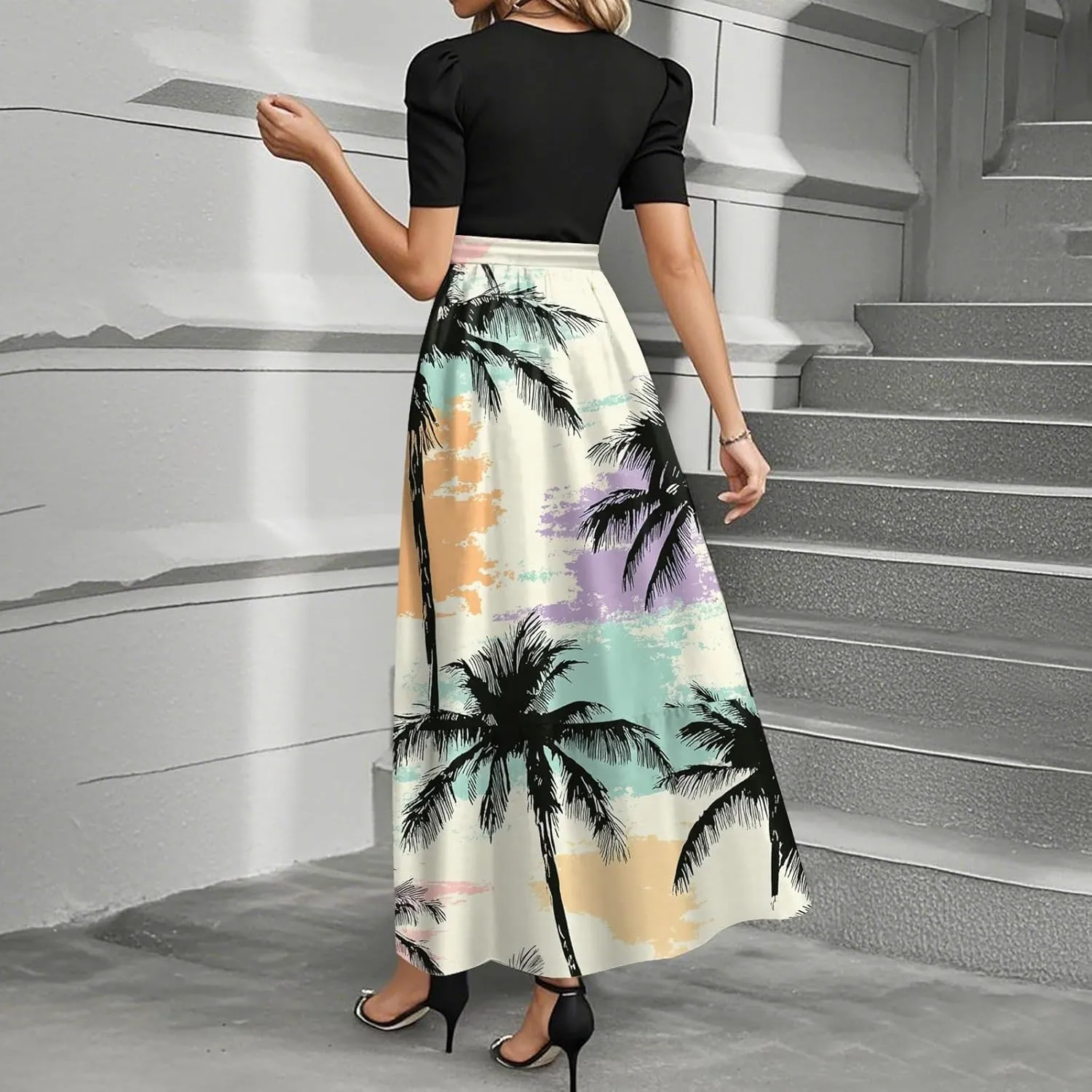 Long Floral Dresses for Women Elegant Boho Tie Belted Patchwork Empire Waist Short Sleeve Modest Flowy Maxi Dress