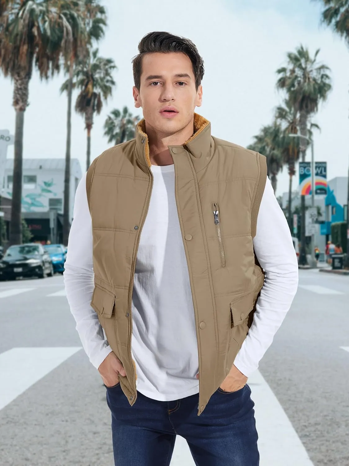 MAGCOMSEN Mens Winter Vests Outerwear Fleece Lined Puffer Vest Warm Casual Quilted Vest Bubble Sherpa Vest Jacket