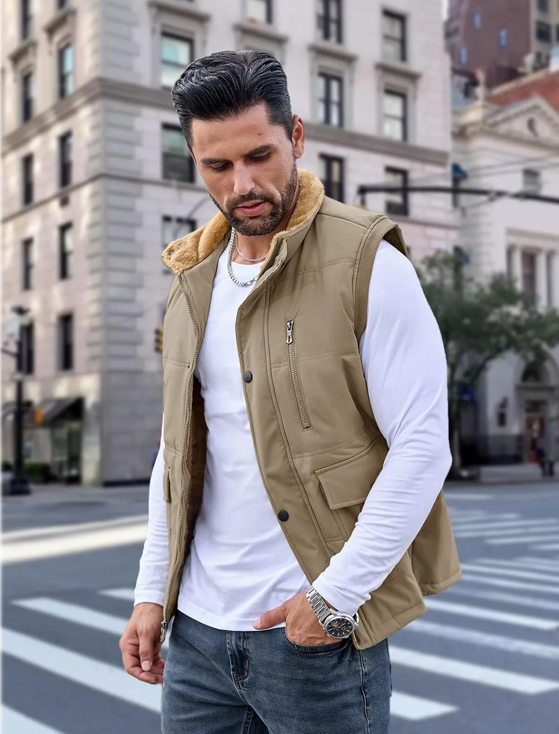 MAGCOMSEN Mens Winter Vests Outerwear Fleece Lined Puffer Vest Warm Casual Quilted Vest Bubble Sherpa Vest Jacket