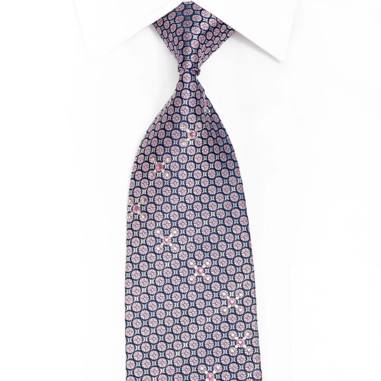 Mauve Silver Geometric Rhinestone Silk Necktie