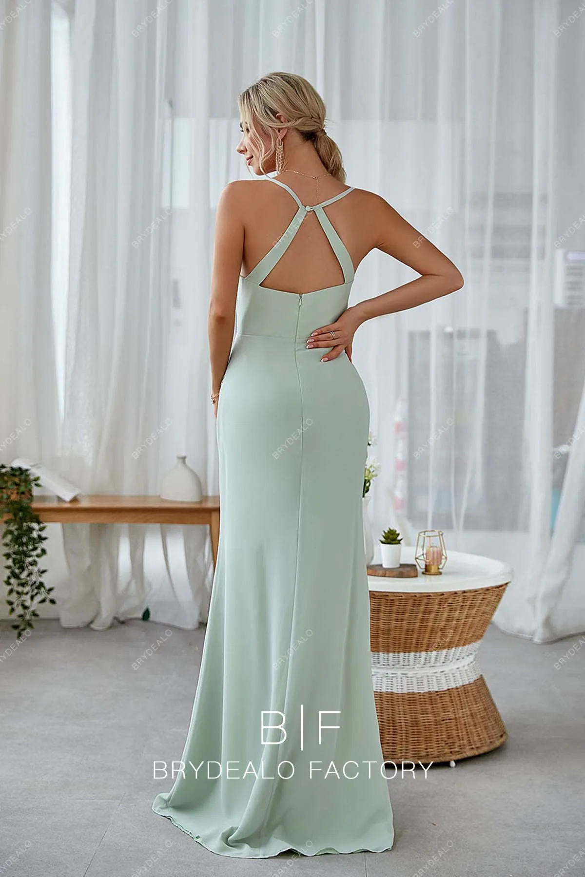 Mint Green Halter Cowl Neck Slit Mermaid Chic Dress