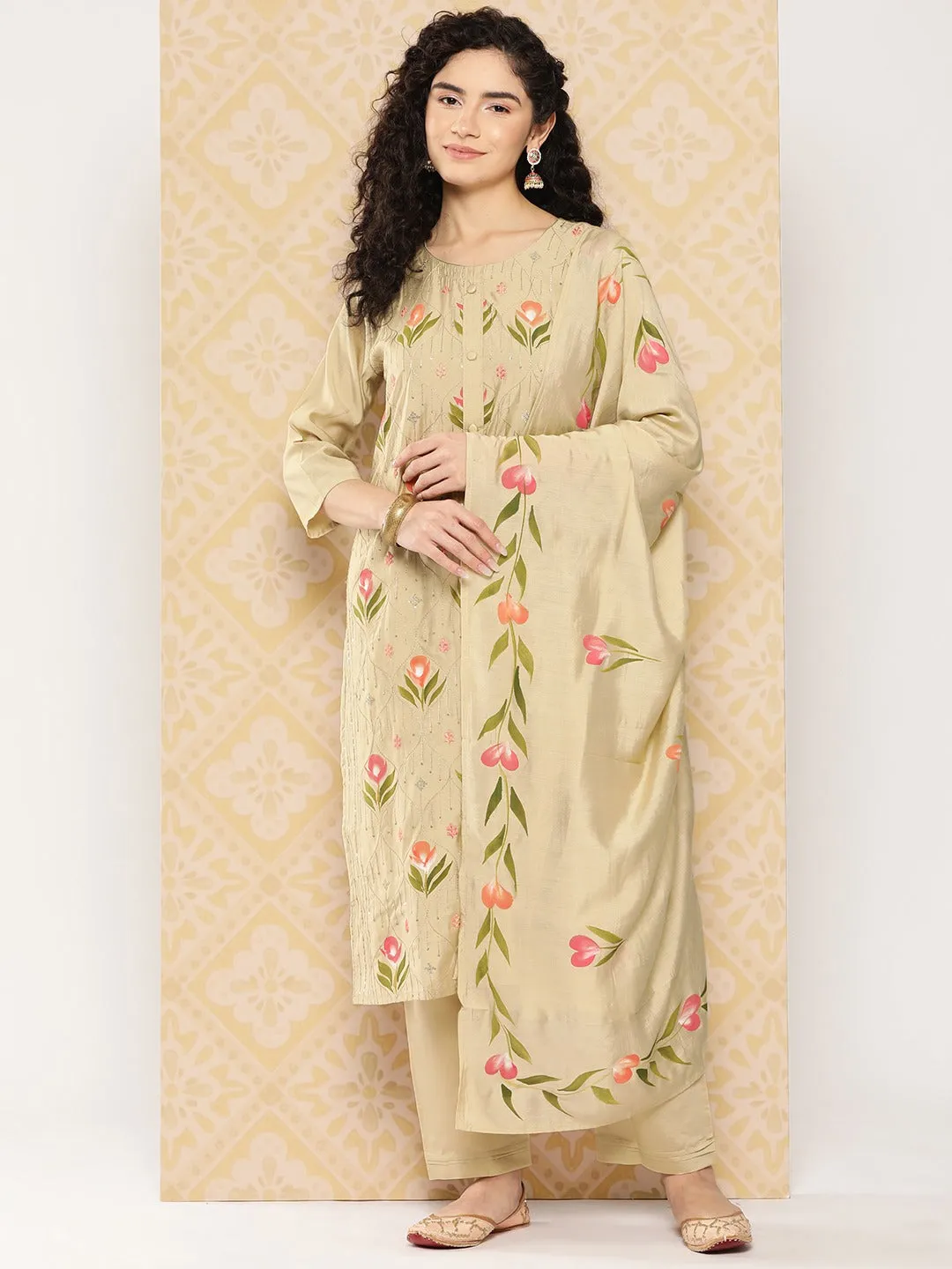 Olive Green Floral Embroidered Regular Sequinned Kurta With Trousers & With Dupatta