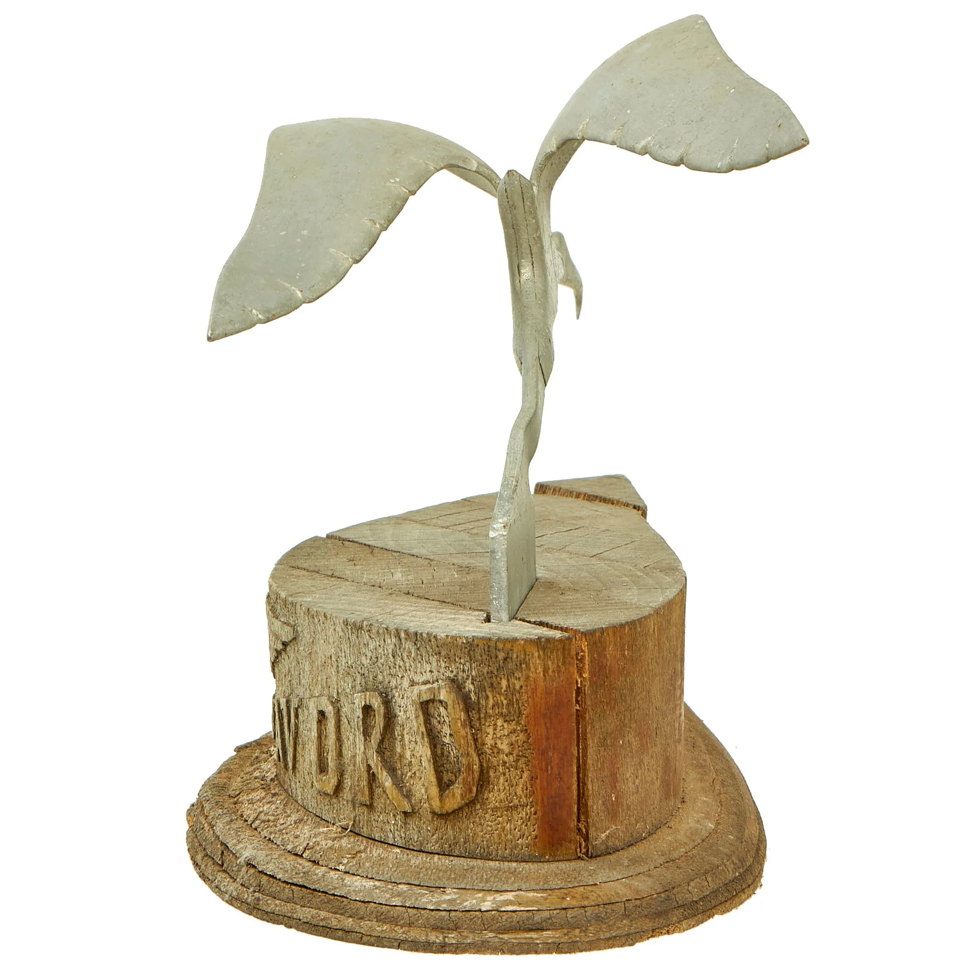 Original French WWII Era Aluminum Crane Trench Art Avord Air Base Souvenir on Wood Base With Free French Air Force “Victory” Pilot Wings Relief