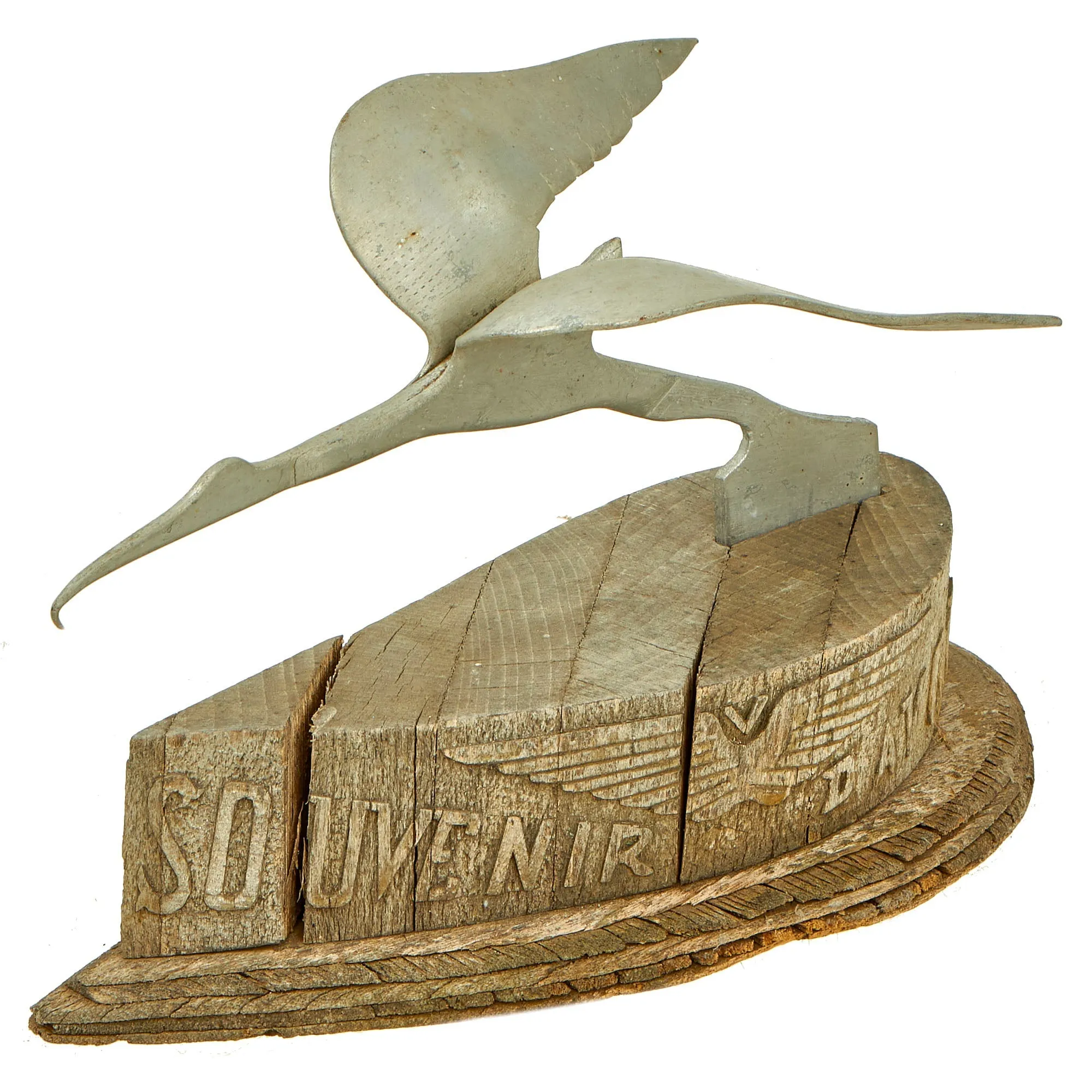 Original French WWII Era Aluminum Crane Trench Art Avord Air Base Souvenir on Wood Base With Free French Air Force “Victory” Pilot Wings Relief