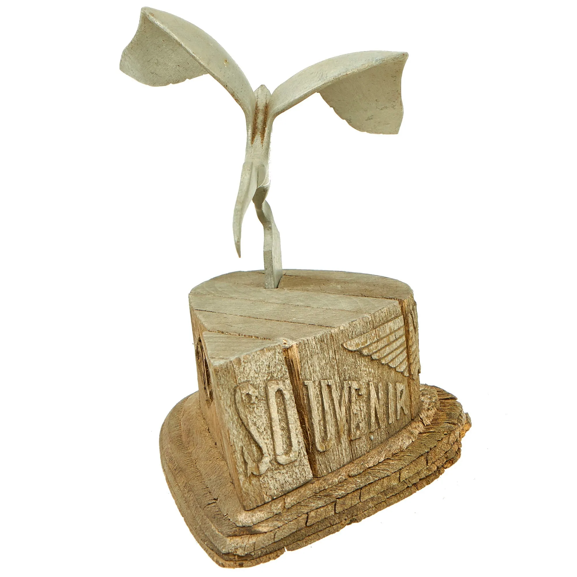Original French WWII Era Aluminum Crane Trench Art Avord Air Base Souvenir on Wood Base With Free French Air Force “Victory” Pilot Wings Relief