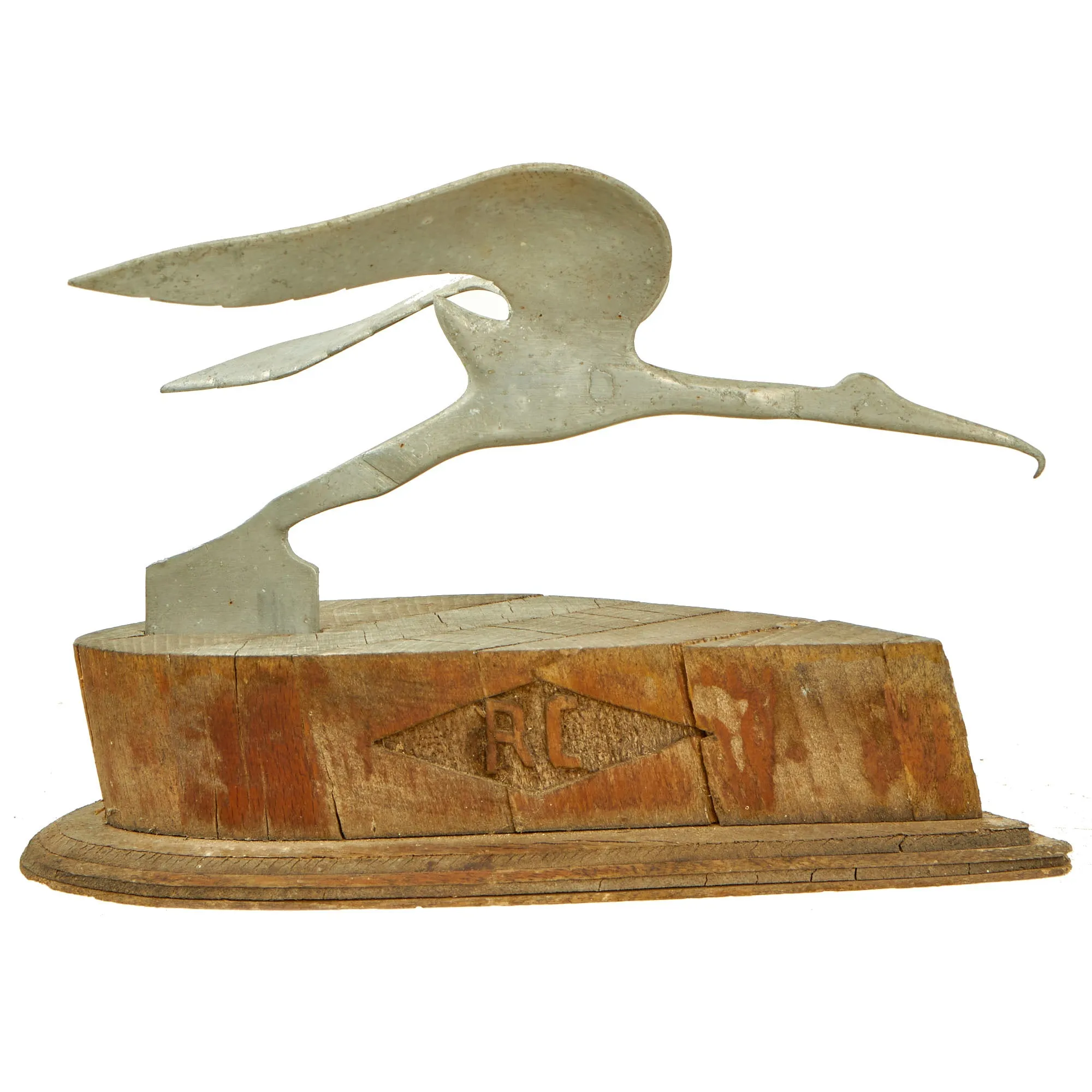 Original French WWII Era Aluminum Crane Trench Art Avord Air Base Souvenir on Wood Base With Free French Air Force “Victory” Pilot Wings Relief