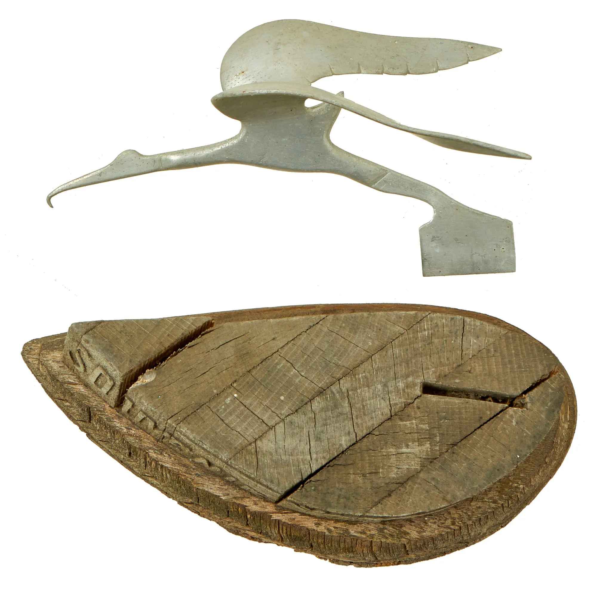 Original French WWII Era Aluminum Crane Trench Art Avord Air Base Souvenir on Wood Base With Free French Air Force “Victory” Pilot Wings Relief