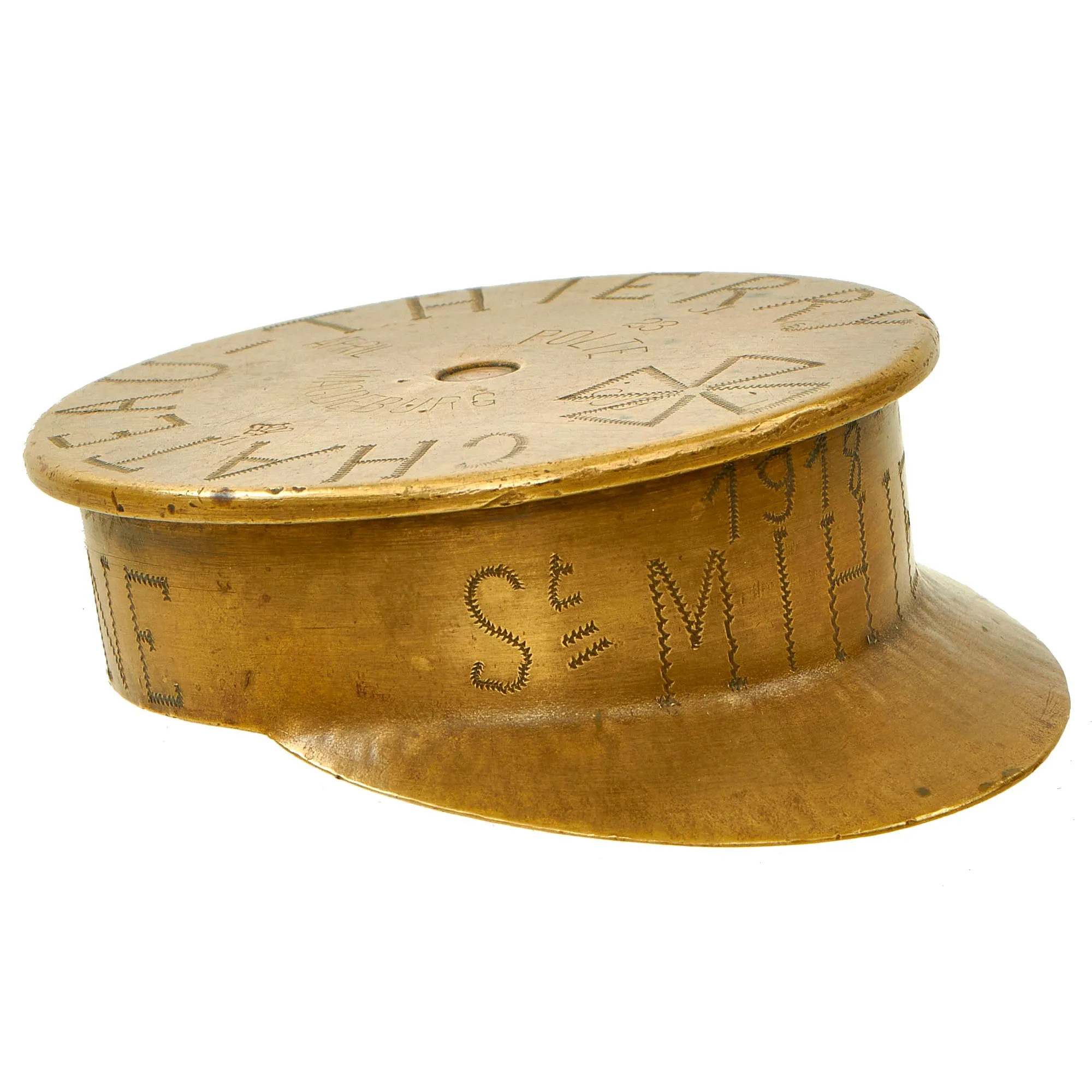 Original German WWI Trench Art Peaked Visor Cap As Featured In The Book “Trench Art, An Illustrated History” by Jane Kimball on Page 173 - “Chateau-Thierry” Engraved