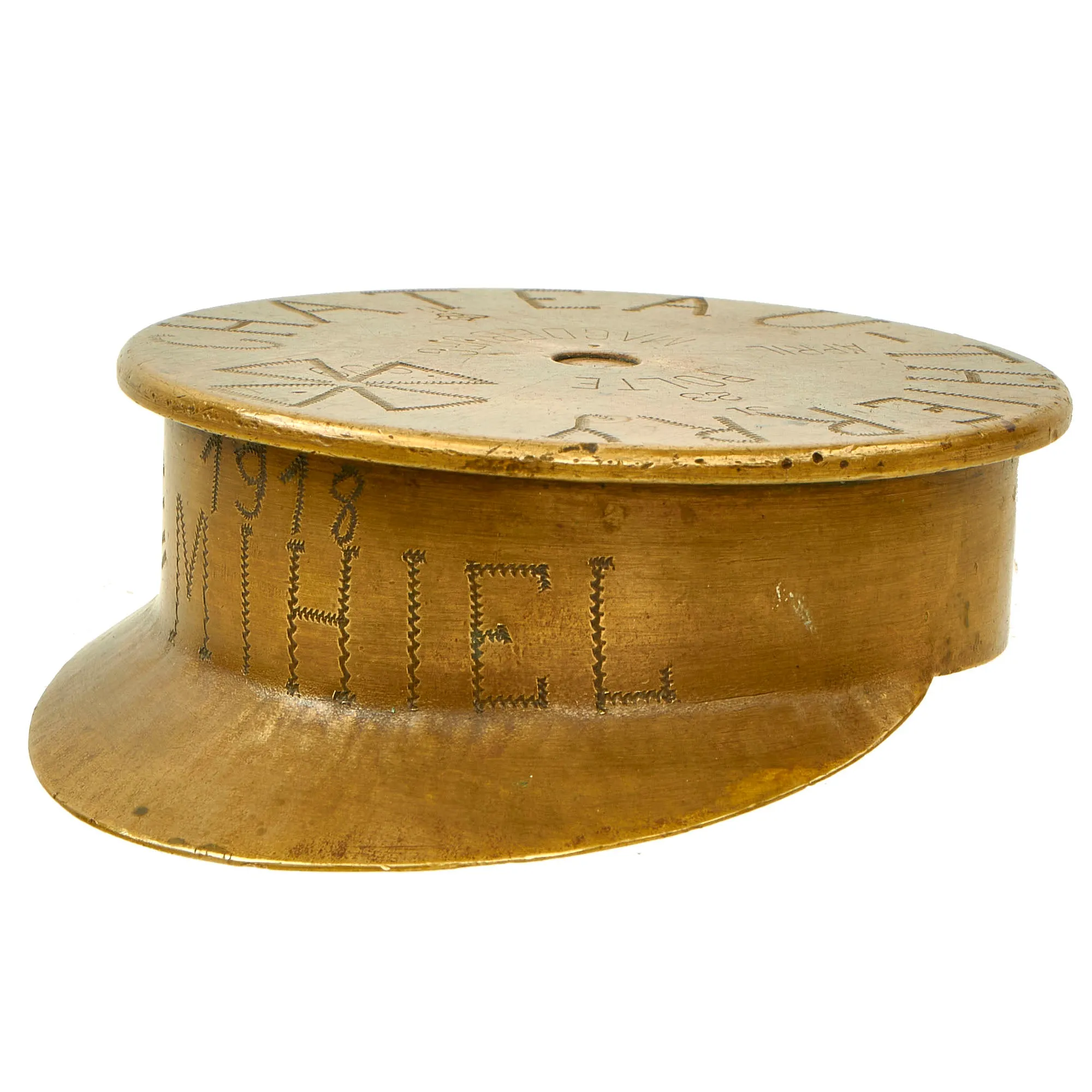 Original German WWI Trench Art Peaked Visor Cap As Featured In The Book “Trench Art, An Illustrated History” by Jane Kimball on Page 173 - “Chateau-Thierry” Engraved