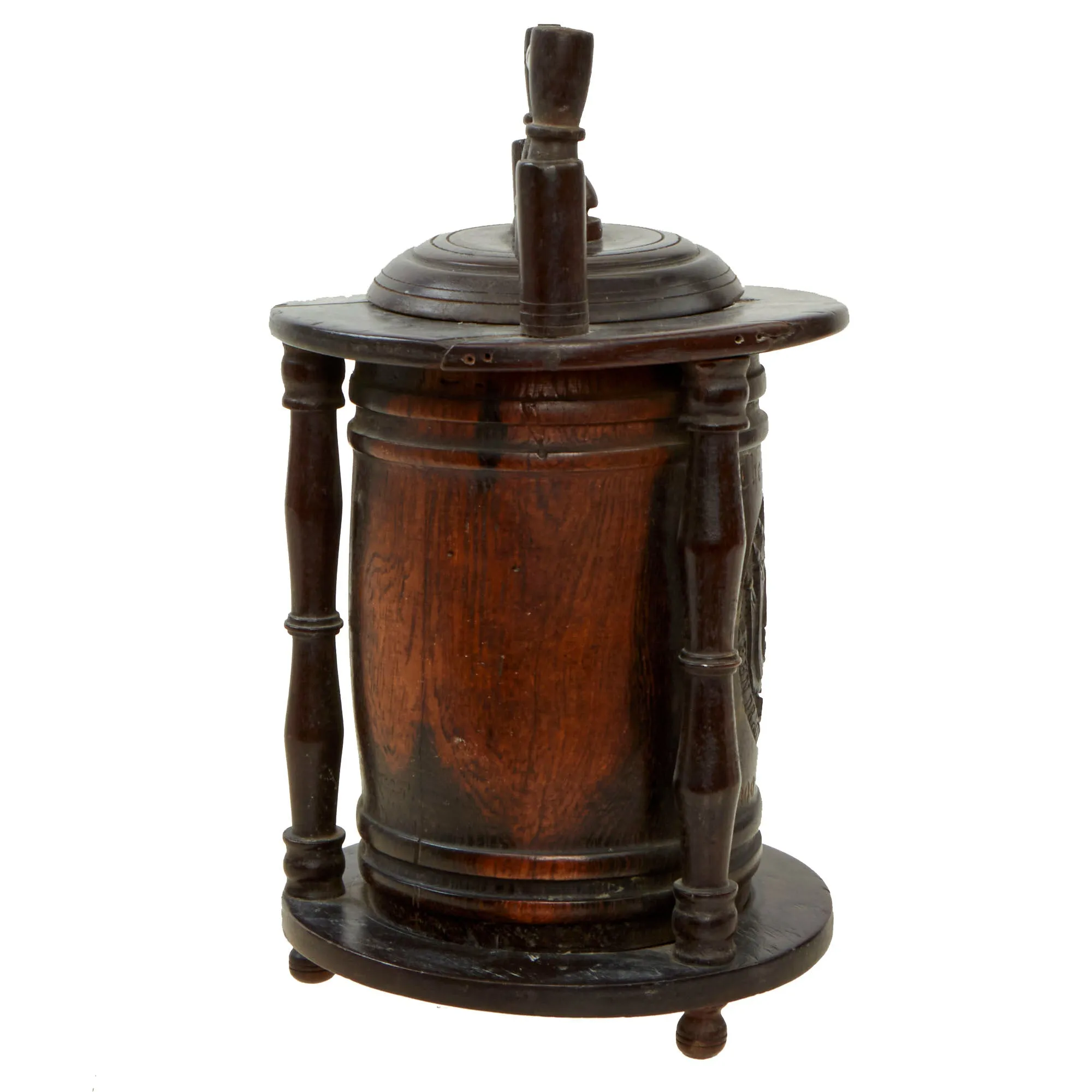 Original Prisoner of War Boer Wars Carved “Trench Art” Wooden Tobacco Humidor Barrels Carved by Boer Prisoner, Diyatalawa Ceylon Camp, As Featured In The Book “Trench Art, An Illustrated History” by Jane Kimball on Page 21 - 2 Items