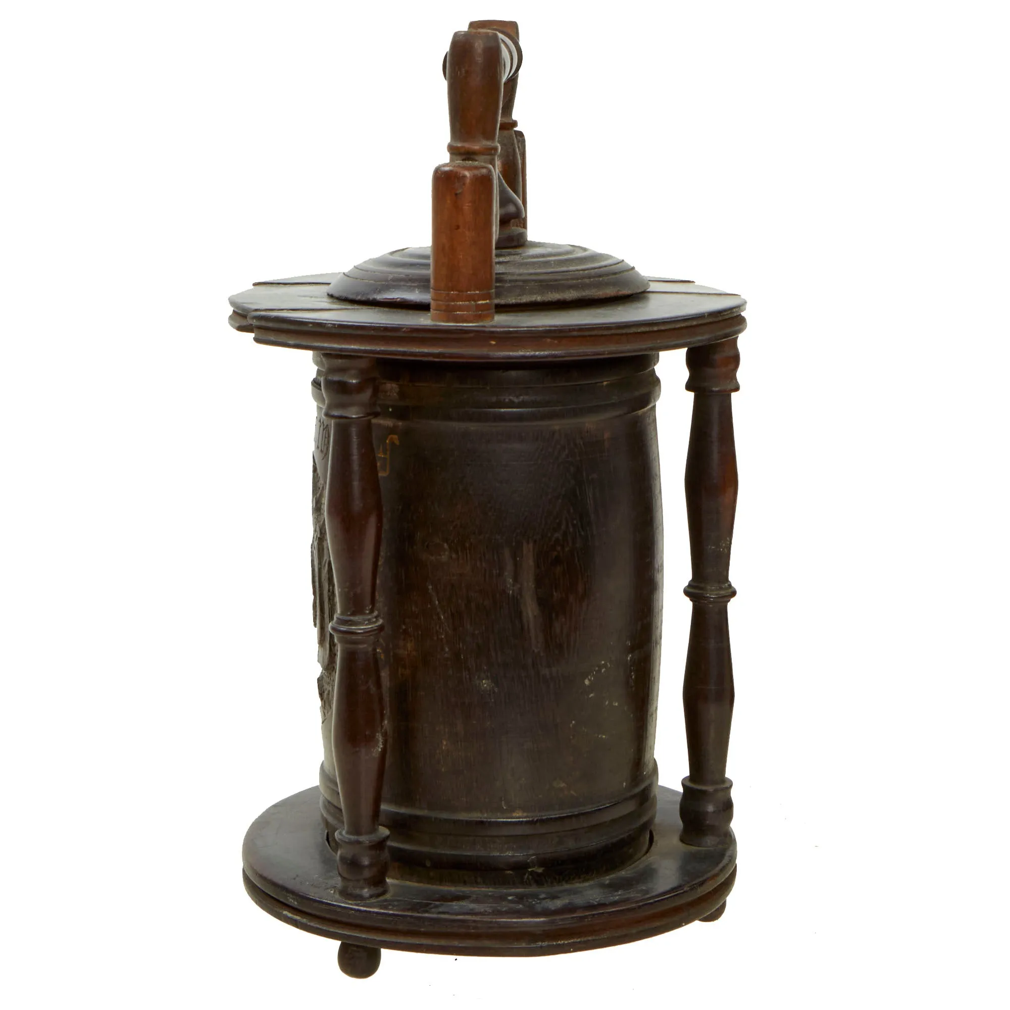 Original Prisoner of War Boer Wars Carved “Trench Art” Wooden Tobacco Humidor Barrels Carved by Boer Prisoner, Diyatalawa Ceylon Camp, As Featured In The Book “Trench Art, An Illustrated History” by Jane Kimball on Page 21 - 2 Items