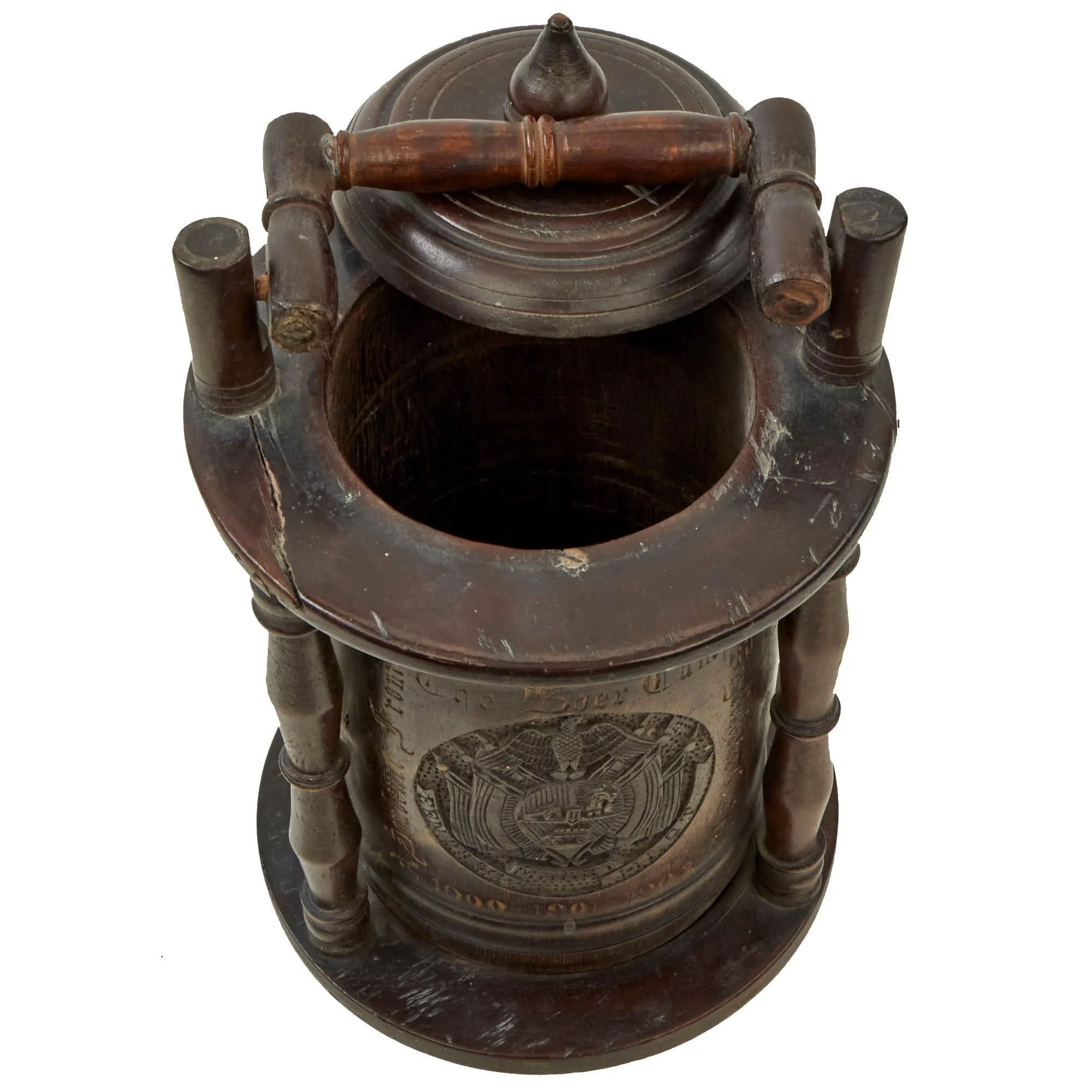 Original Prisoner of War Boer Wars Carved “Trench Art” Wooden Tobacco Humidor Barrels Carved by Boer Prisoner, Diyatalawa Ceylon Camp, As Featured In The Book “Trench Art, An Illustrated History” by Jane Kimball on Page 21 - 2 Items