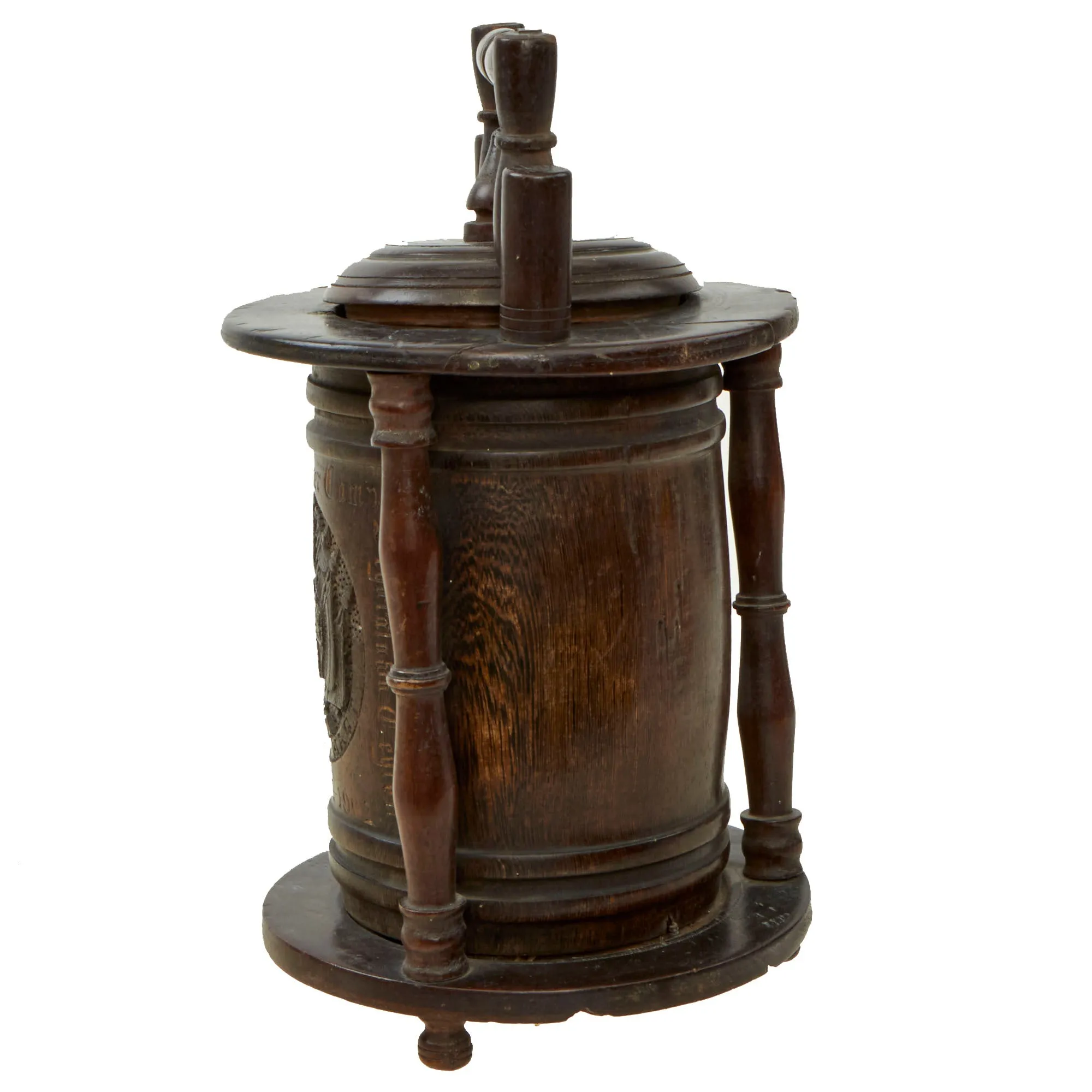 Original Prisoner of War Boer Wars Carved “Trench Art” Wooden Tobacco Humidor Barrels Carved by Boer Prisoner, Diyatalawa Ceylon Camp, As Featured In The Book “Trench Art, An Illustrated History” by Jane Kimball on Page 21 - 2 Items