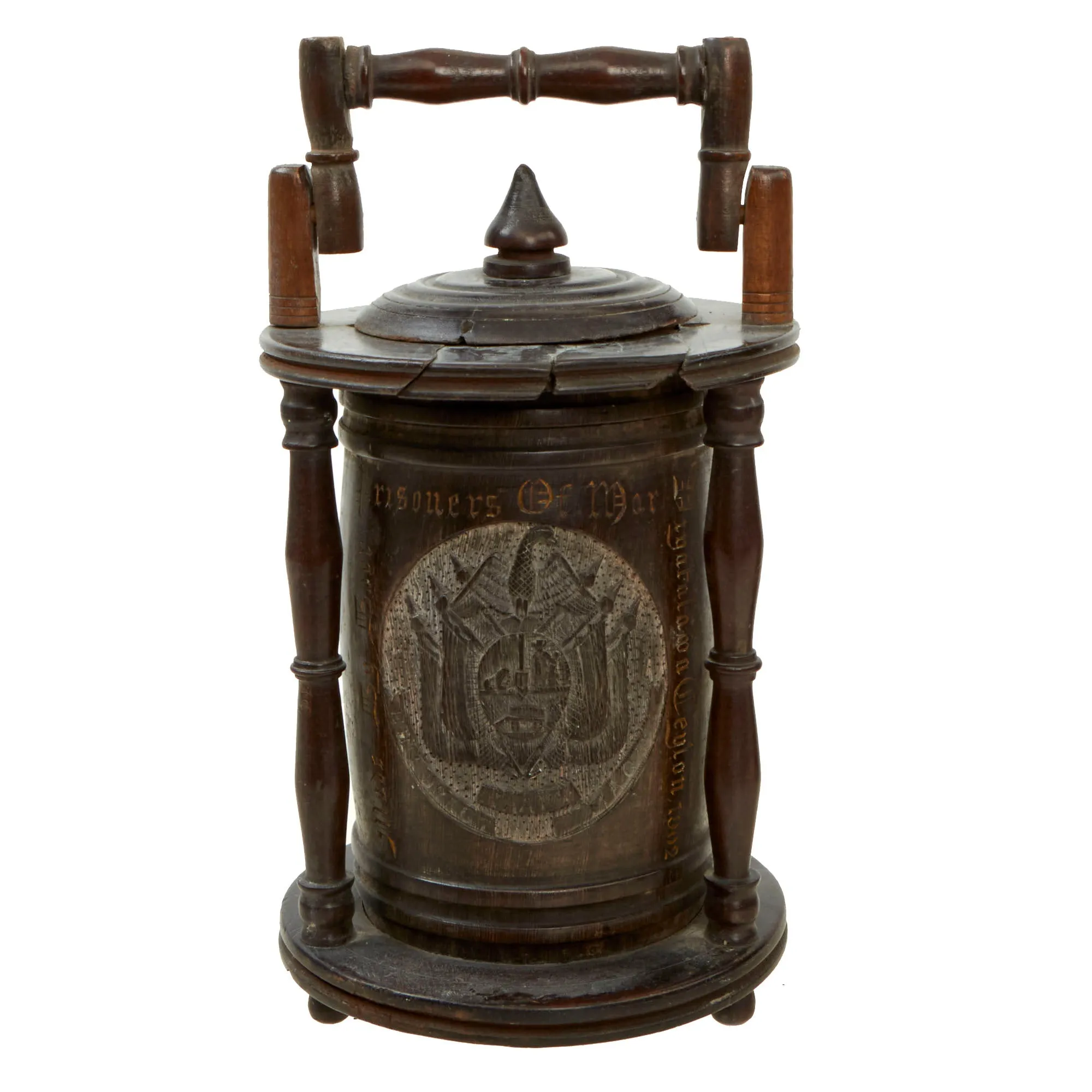 Original Prisoner of War Boer Wars Carved “Trench Art” Wooden Tobacco Humidor Barrels Carved by Boer Prisoner, Diyatalawa Ceylon Camp, As Featured In The Book “Trench Art, An Illustrated History” by Jane Kimball on Page 21 - 2 Items