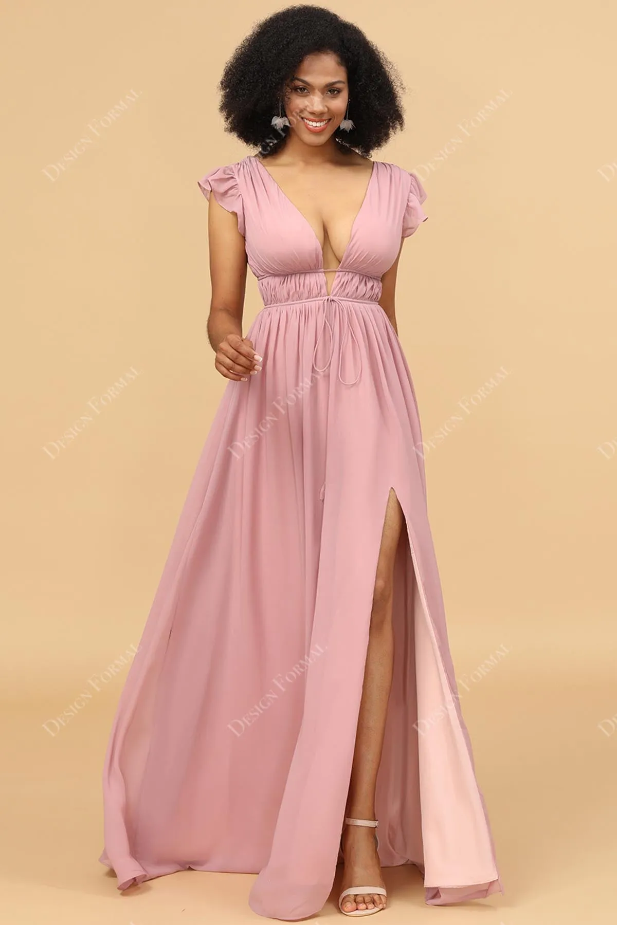 Pink Chiffon Plunging Neck Sexy Slit Floor Length A-line Gown
