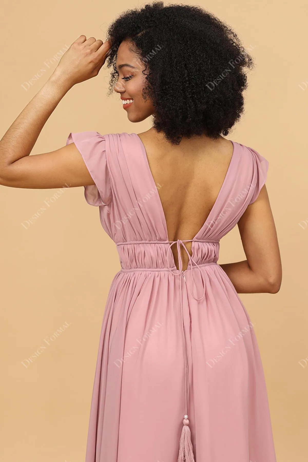 Pink Chiffon Plunging Neck Sexy Slit Floor Length A-line Gown