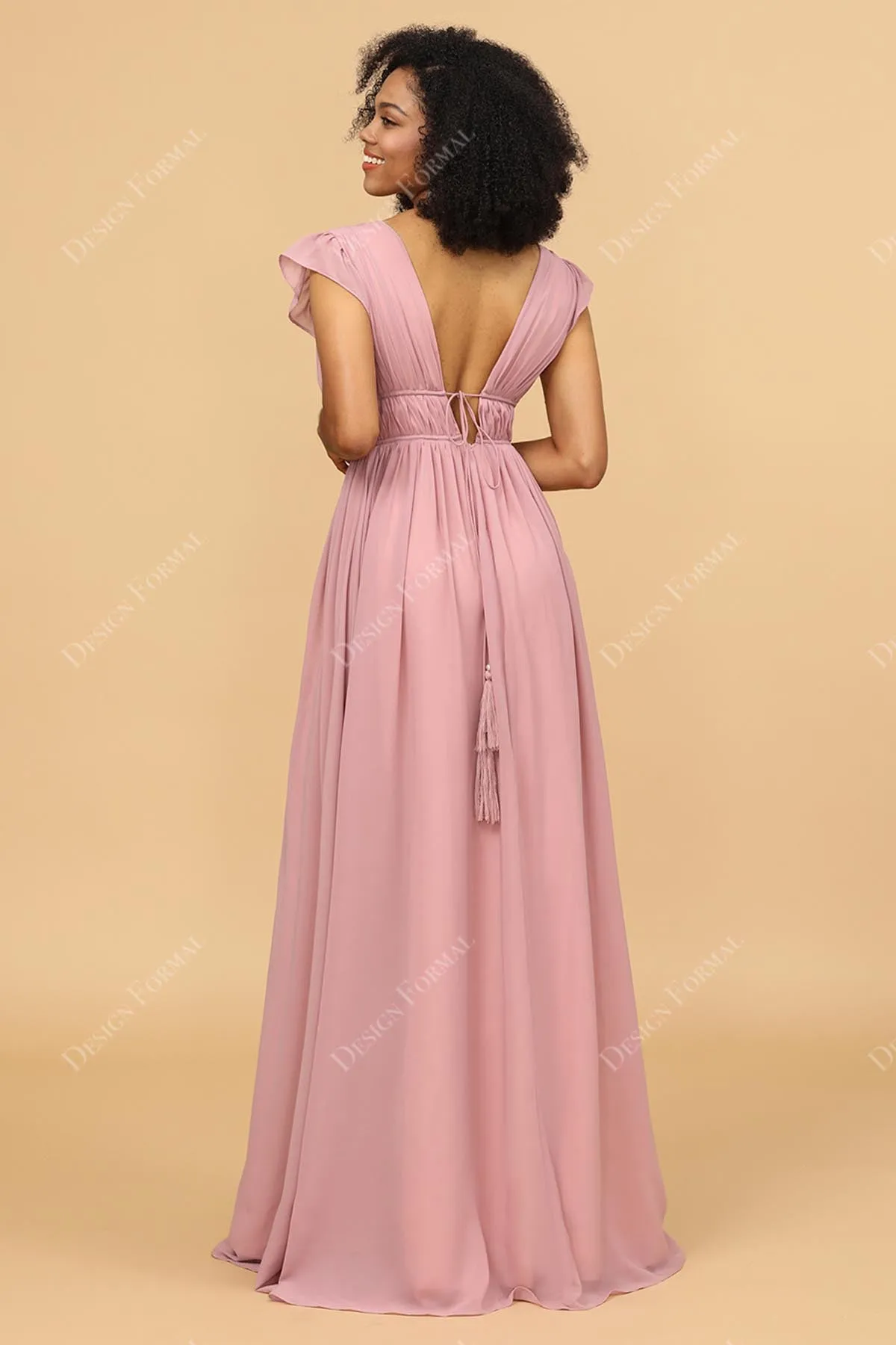 Pink Chiffon Plunging Neck Sexy Slit Floor Length A-line Gown