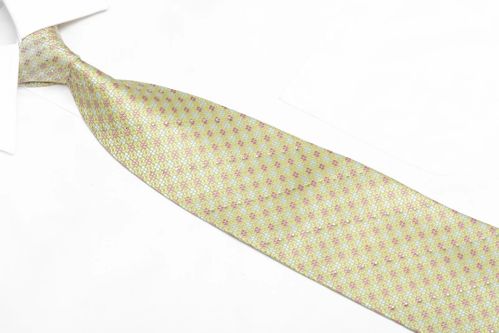 Pink Geometric On Pale Green Rhinestone Silk Necktie