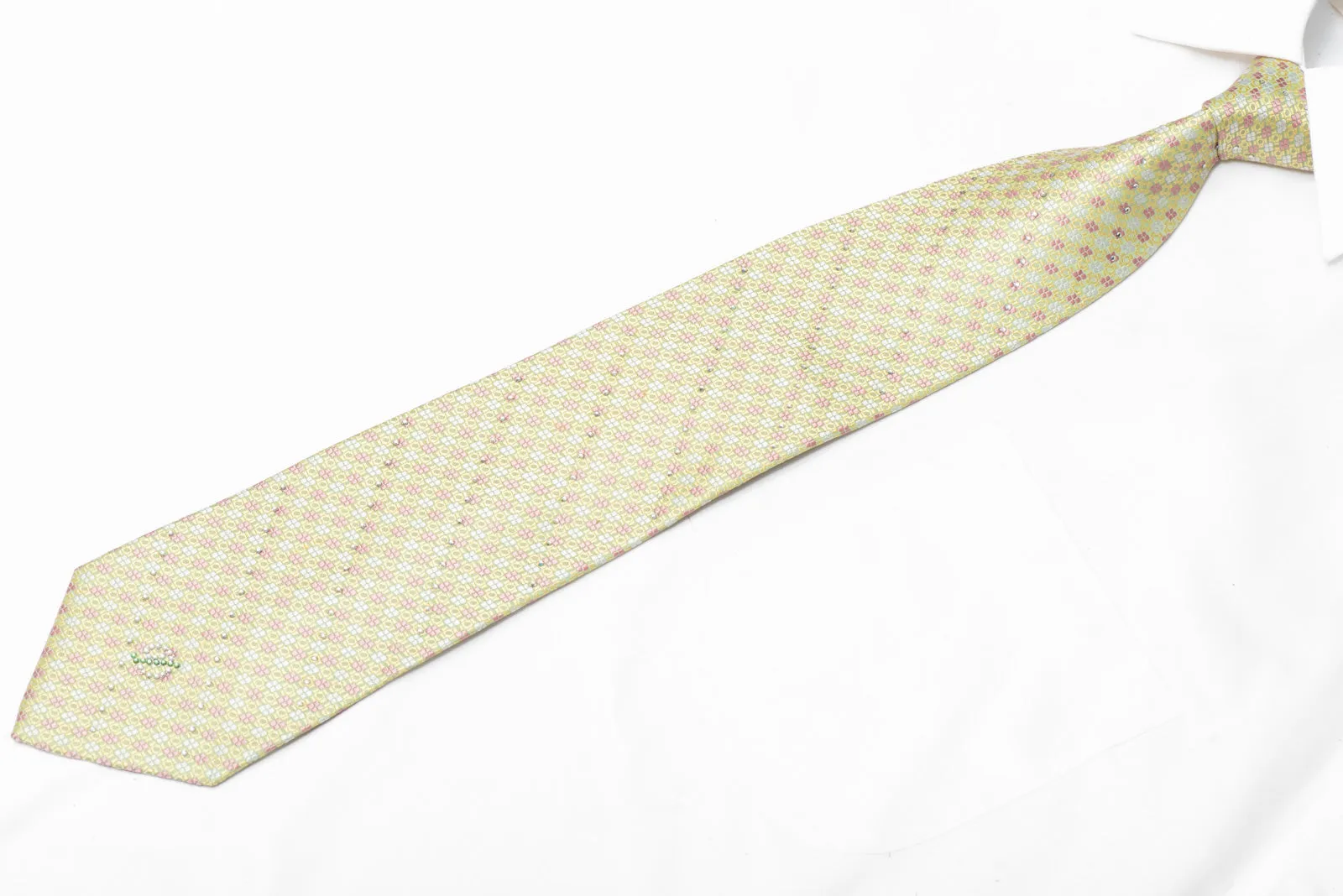 Pink Geometric On Pale Green Rhinestone Silk Necktie