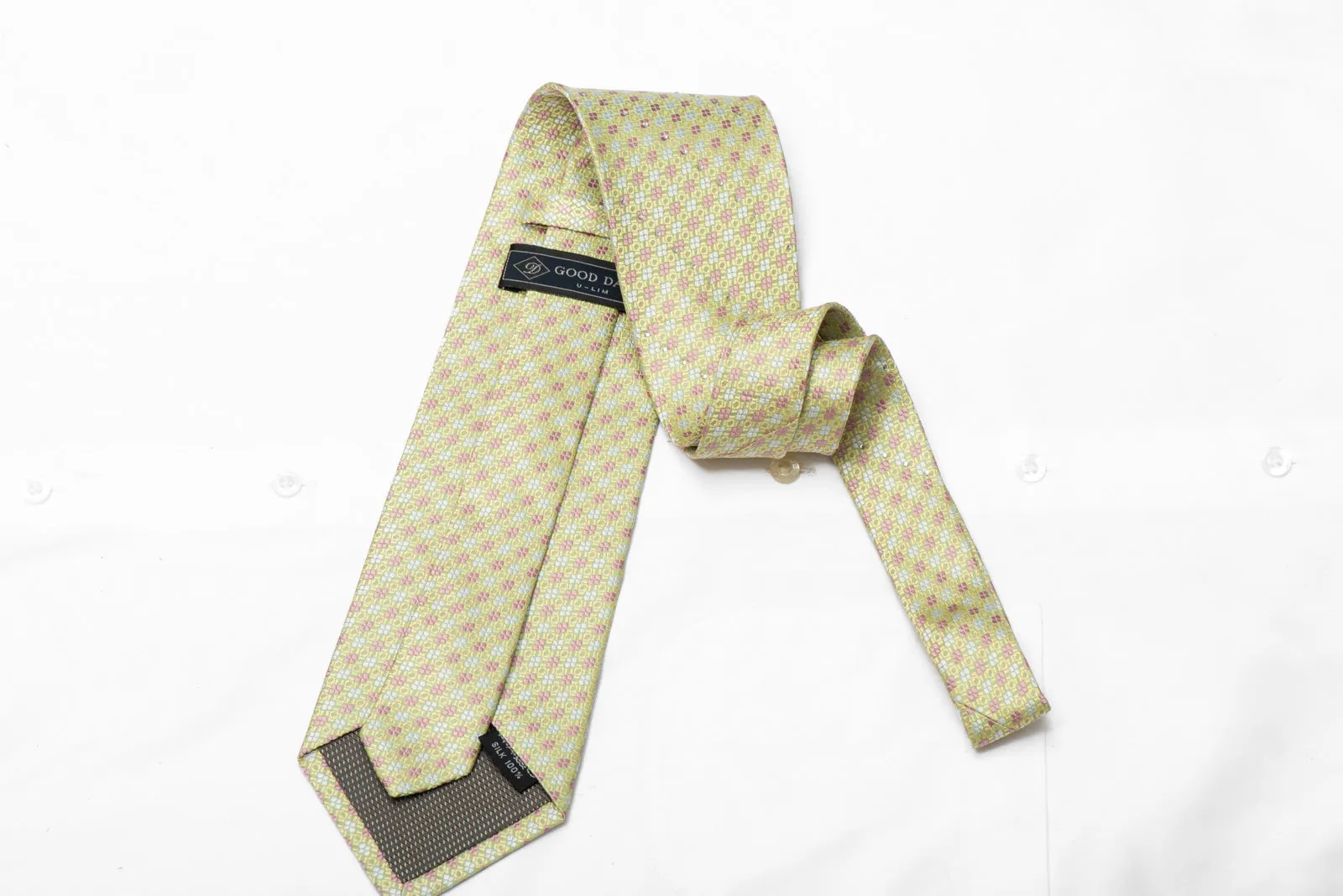 Pink Geometric On Pale Green Rhinestone Silk Necktie