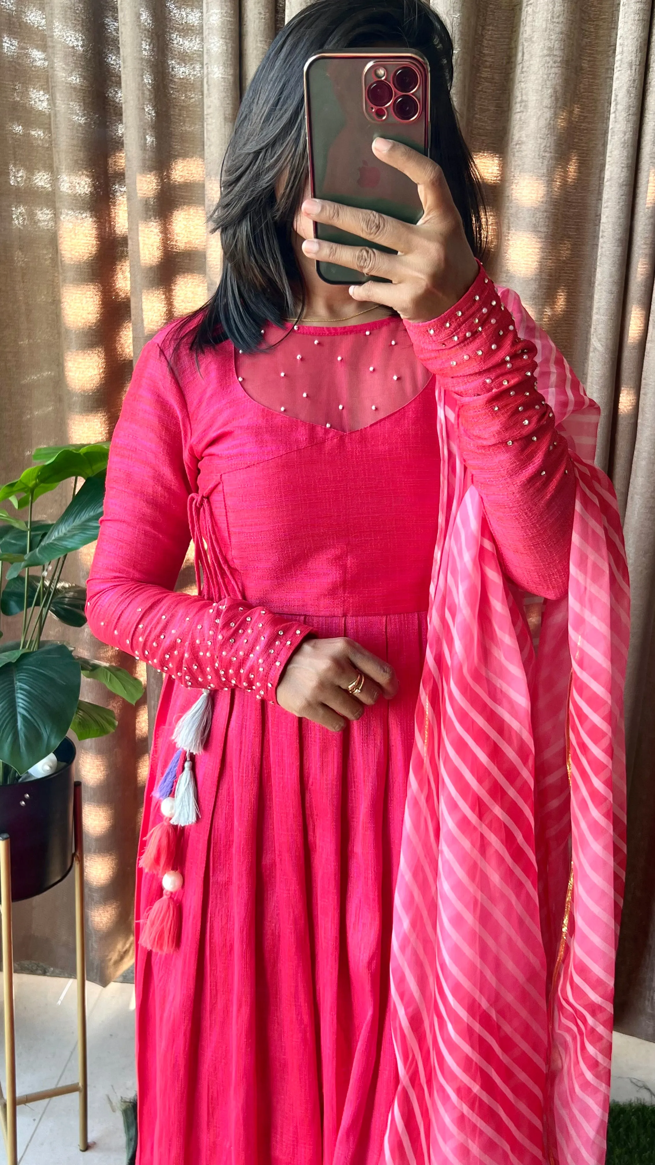 Pink silk maxi dress salwar suit of hand worked top and Duppata