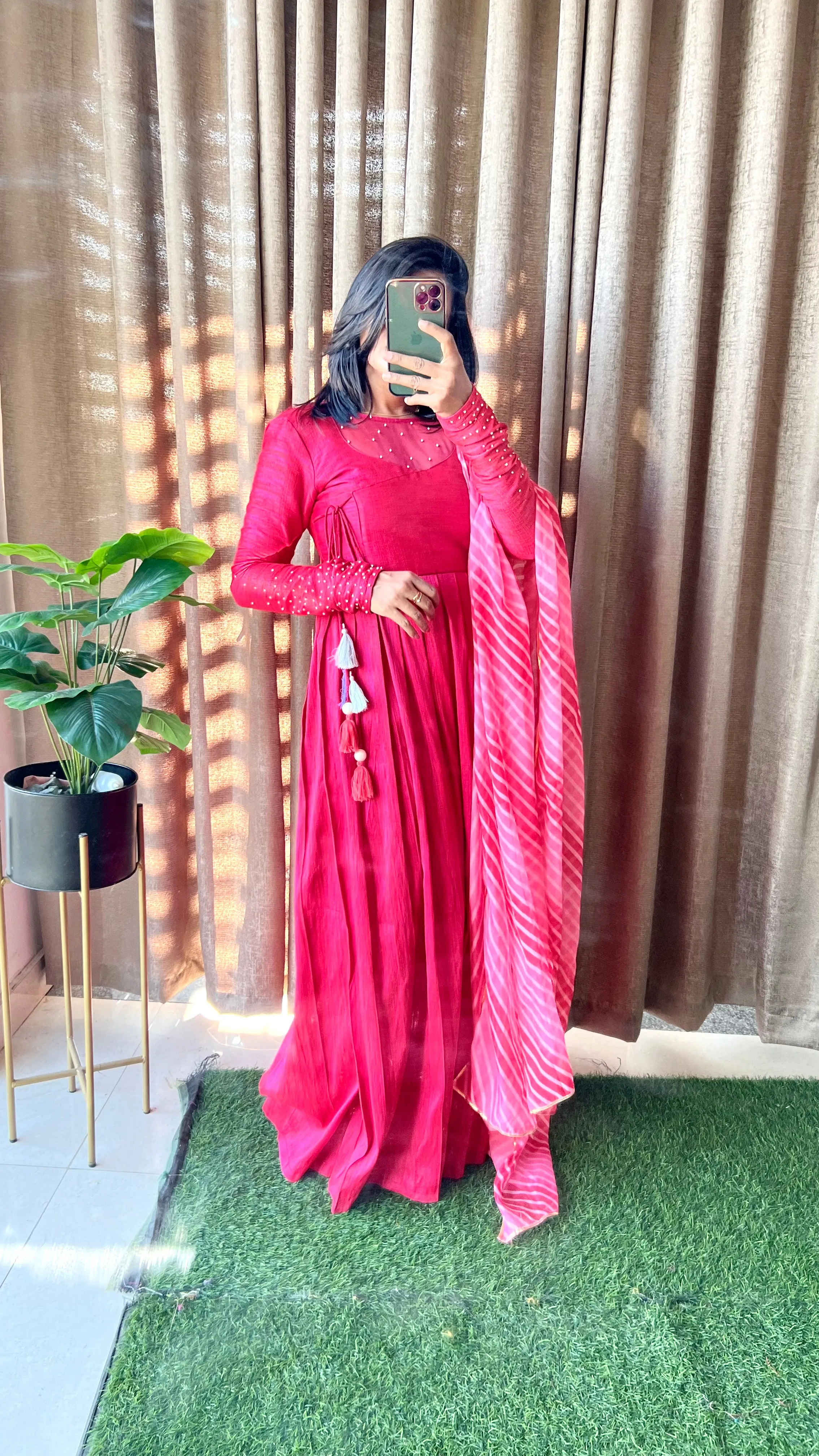 Pink silk maxi dress salwar suit of hand worked top and Duppata