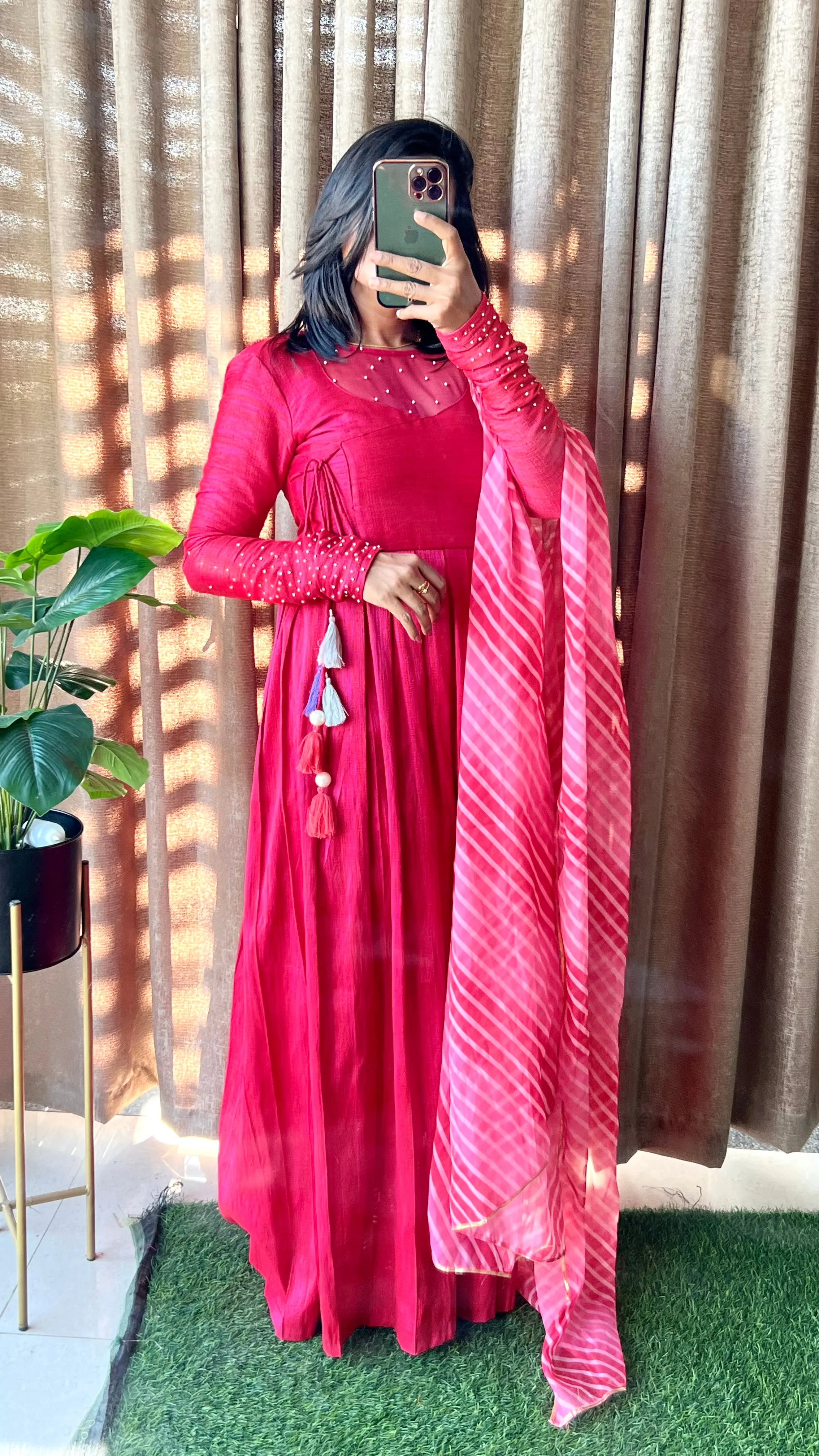 Pink silk maxi dress salwar suit of hand worked top and Duppata