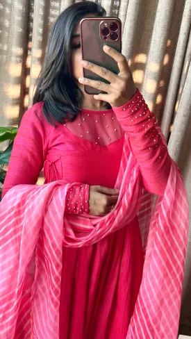 Pink silk maxi dress salwar suit of hand worked top and Duppata