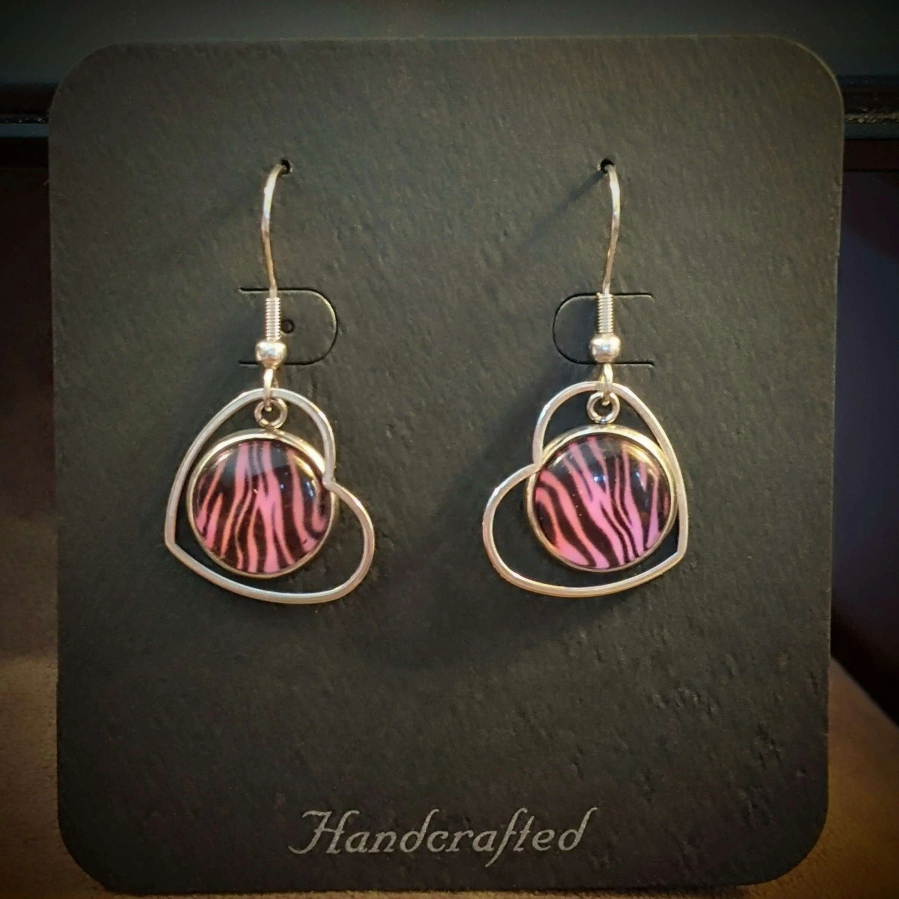 Pink Tiger Print Stainless Steel Heart hook earrings