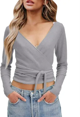 PRETTODAY Women's Wrap Knit Sweater V Neck Tie Front Long Sleeve Casual Pullover Tops