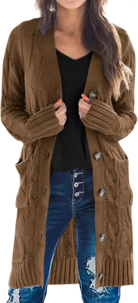 PRETTYGARDEN Long Sleeve Cable Knit Long Cardigan for Women 2025 Fall Winter Chunky Open Front Button Sweaters with Pockets