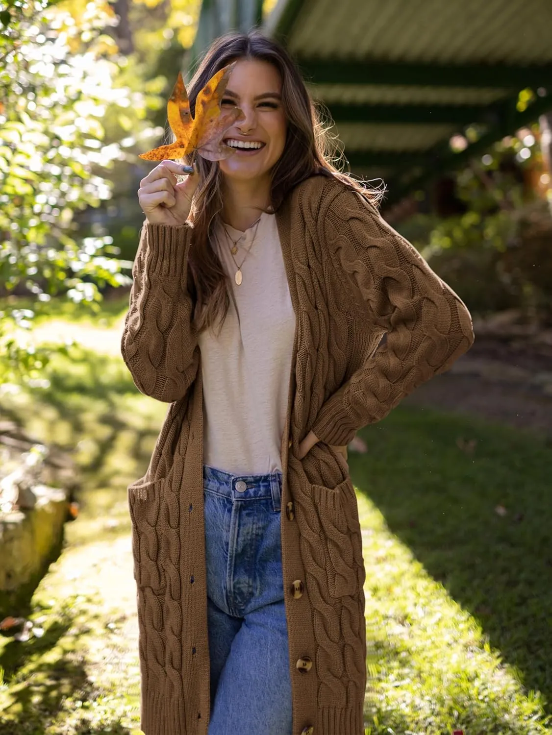 PRETTYGARDEN Long Sleeve Cable Knit Long Cardigan for Women 2025 Fall Winter Chunky Open Front Button Sweaters with Pockets