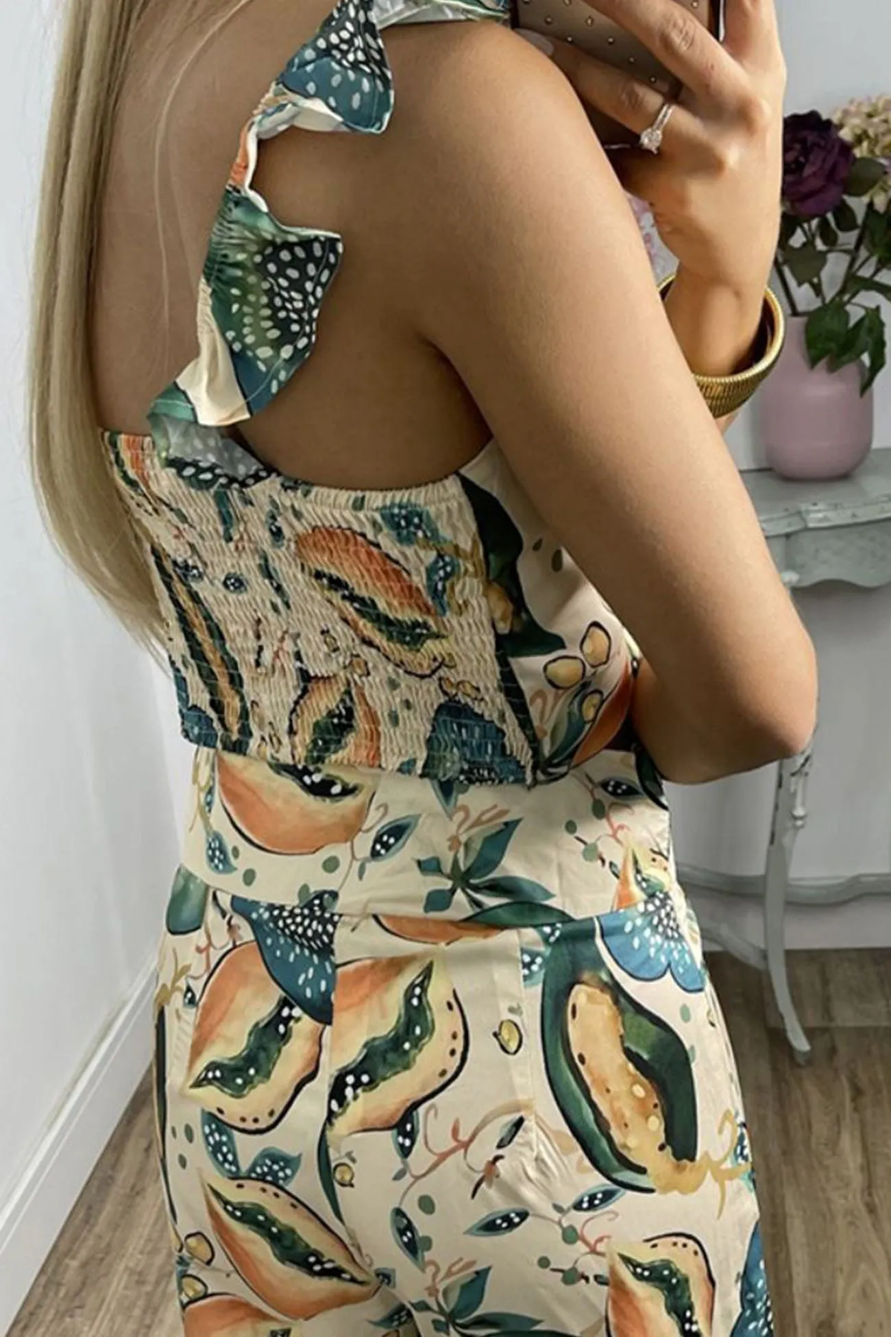 Printed Shirred Cami Tops Pants Suits