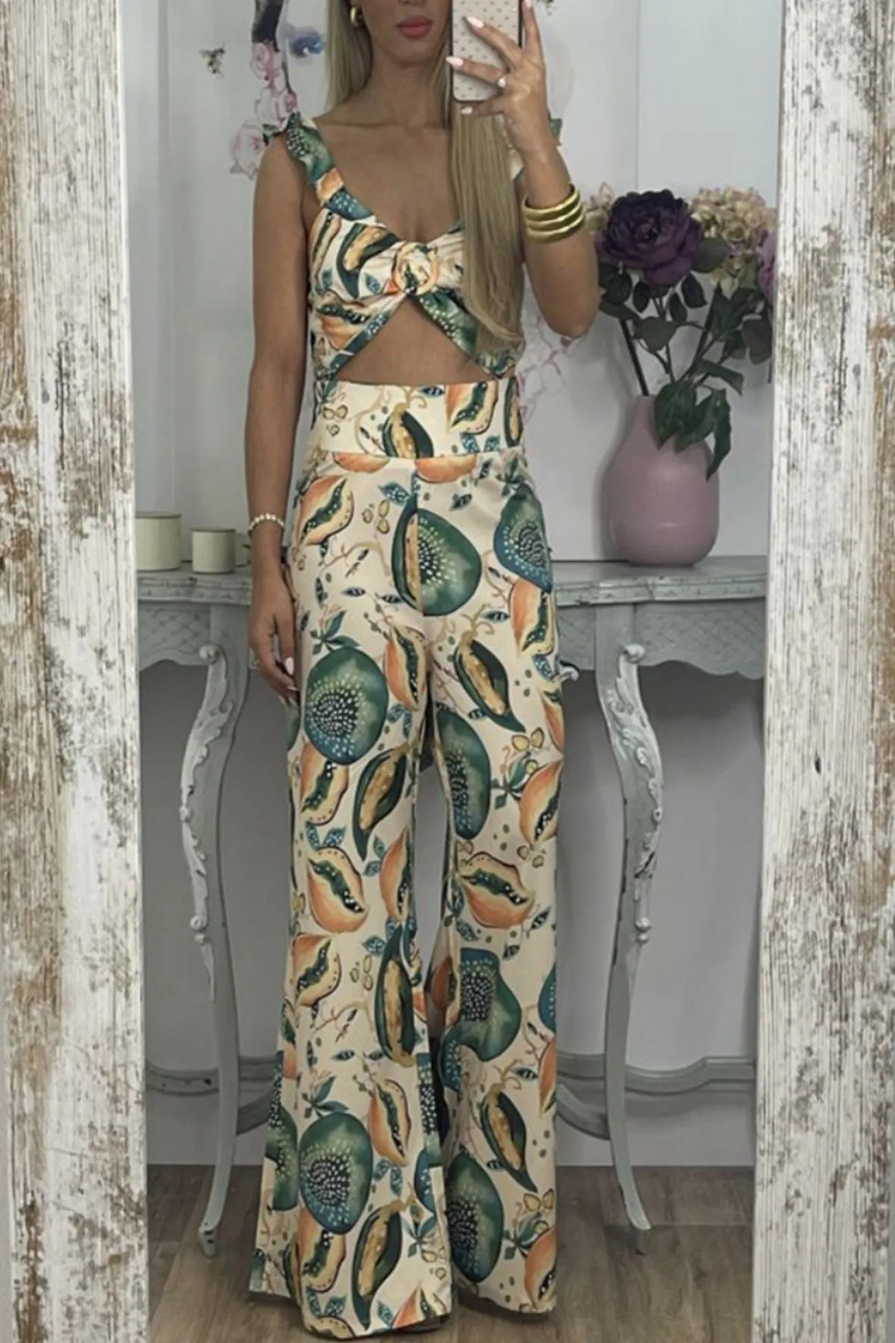 Printed Shirred Cami Tops Pants Suits