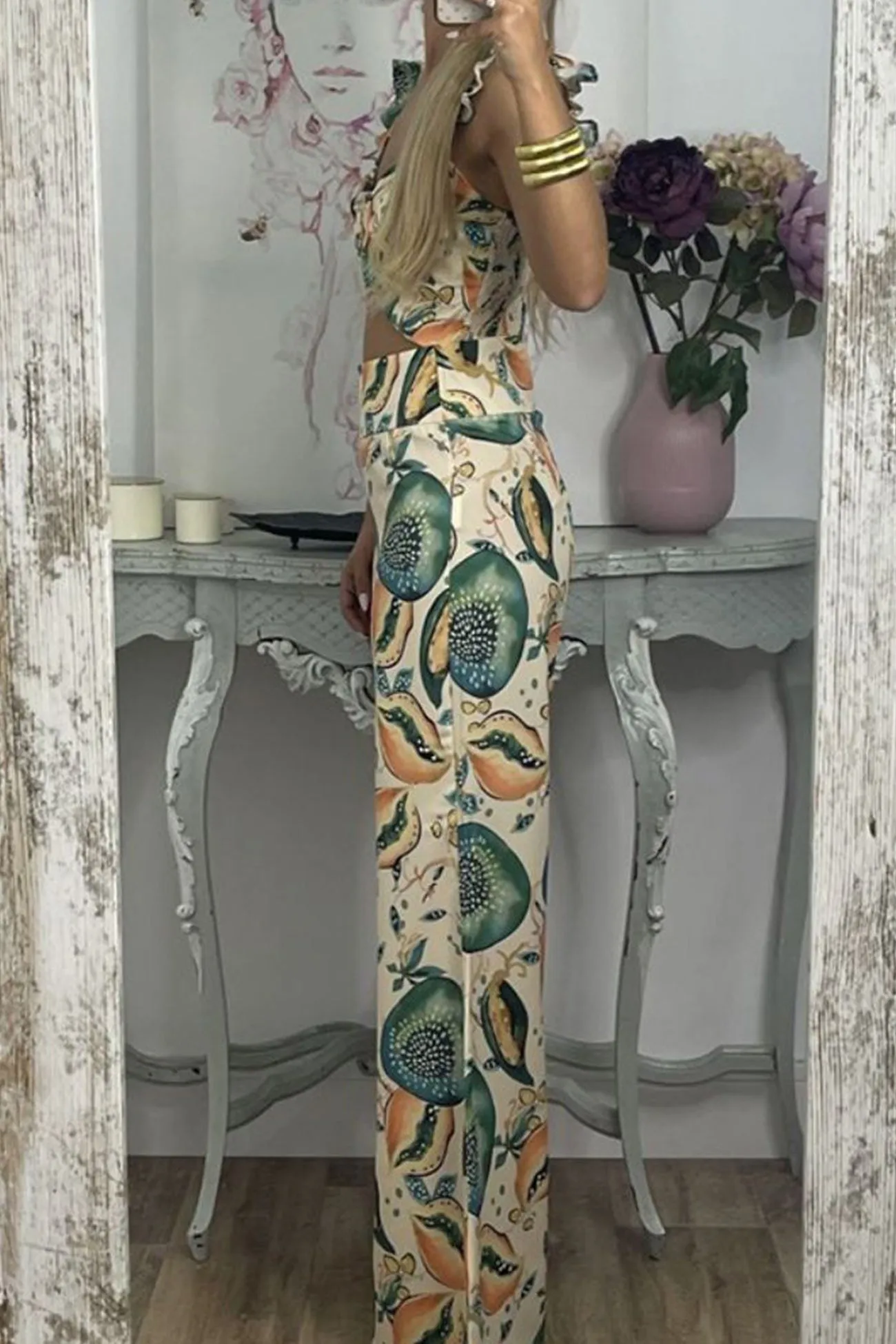 Printed Shirred Cami Tops Pants Suits