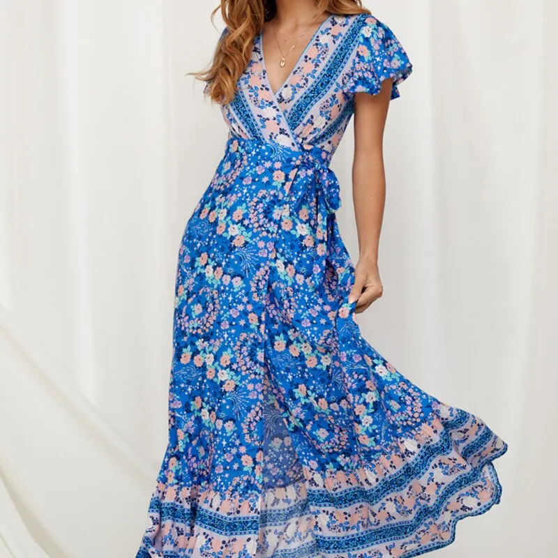 Purpdrank - Summer Vacation Holiday Dress Boho Green Printed Sashes Ruffles Bohemian Midi Dress V-Neck Irregular Short Sleeve Sundress
